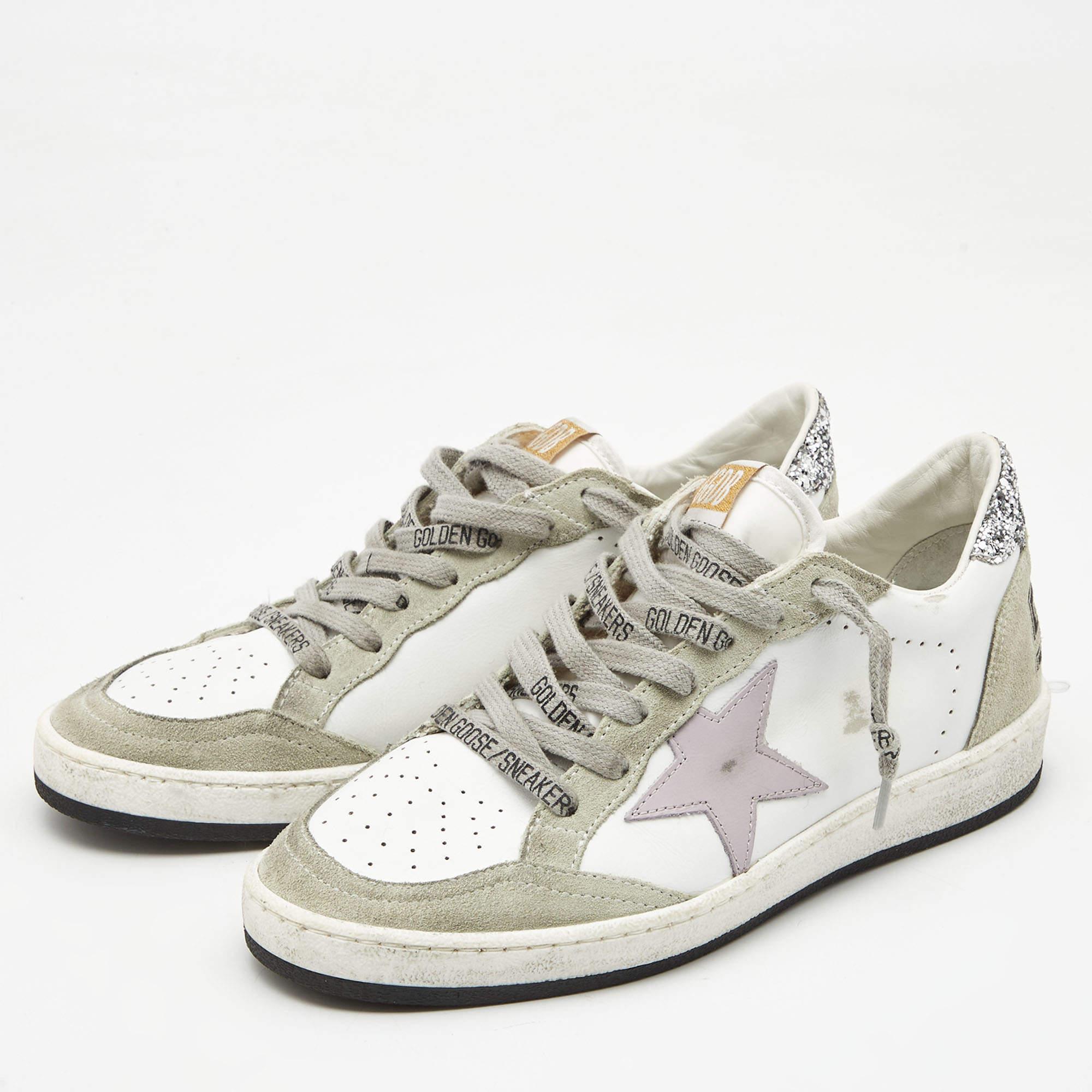 Women's Golden Goose White/Grey Leather and Suede Ballstar Low Top Sneakers Size 37