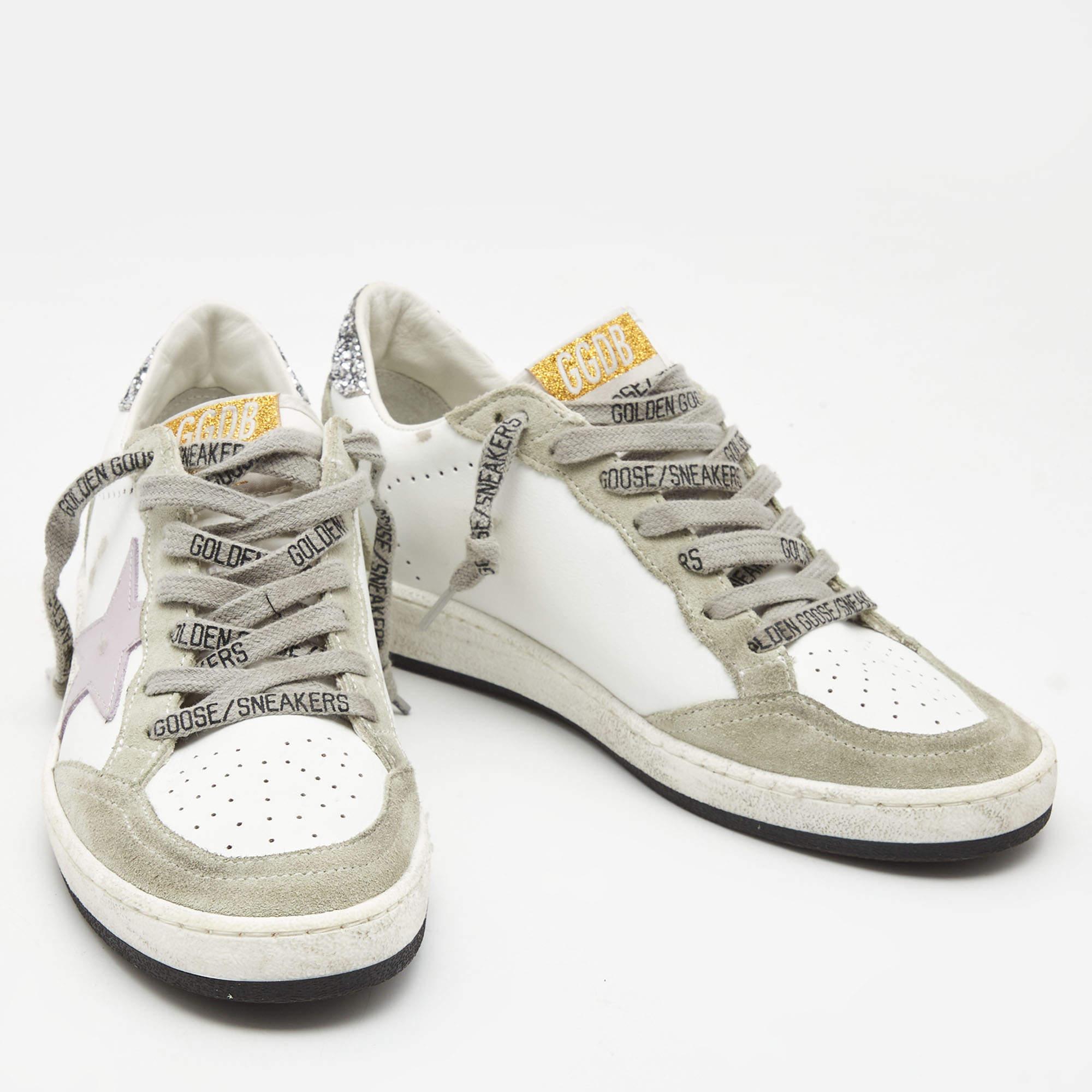 Golden Goose White/Grey Leather and Suede Ballstar Low Top Sneakers Size 37 1