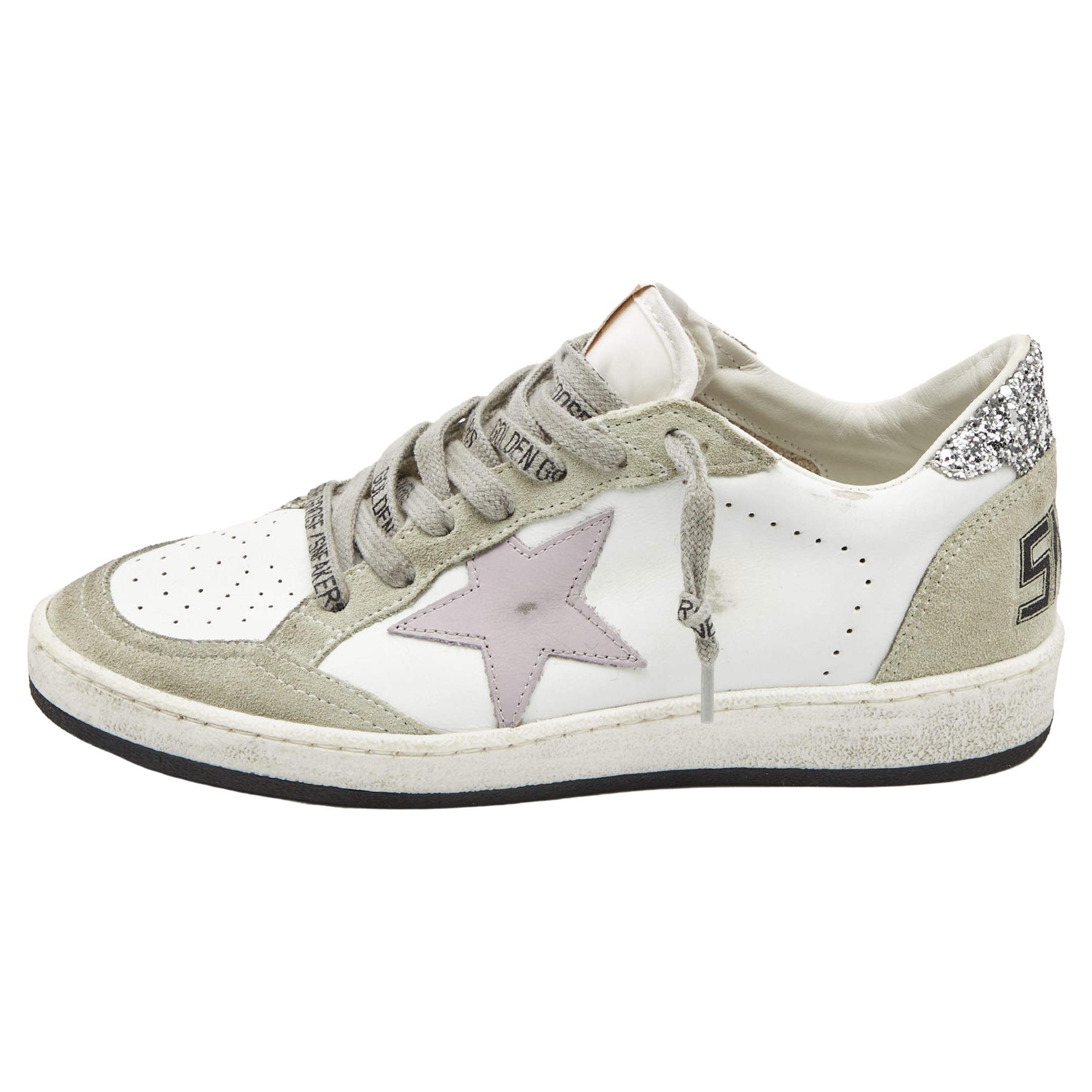 Golden Goose White/Grey Leather and Suede Ballstar Low Top Sneakers Size 37