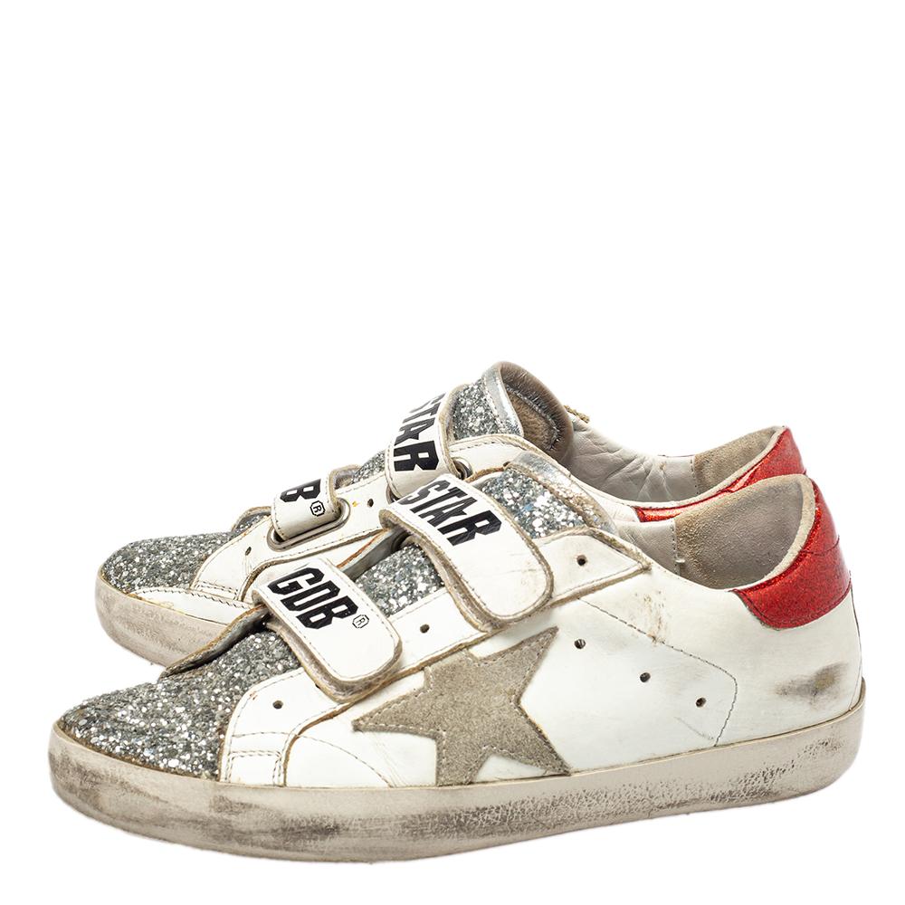 Golden Goose White/Silver Glitter And Leather Old School Sneakers Size 35 In Good Condition In Dubai, Al Qouz 2