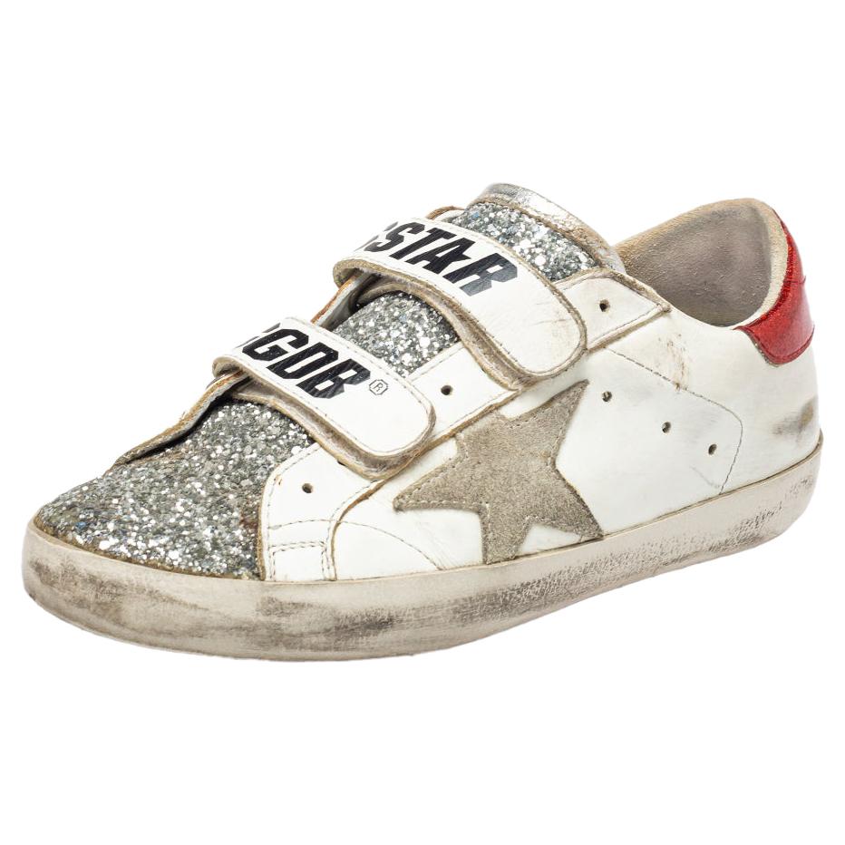 Golden Goose White/Silver Glitter And Leather Old School Sneakers Size 35