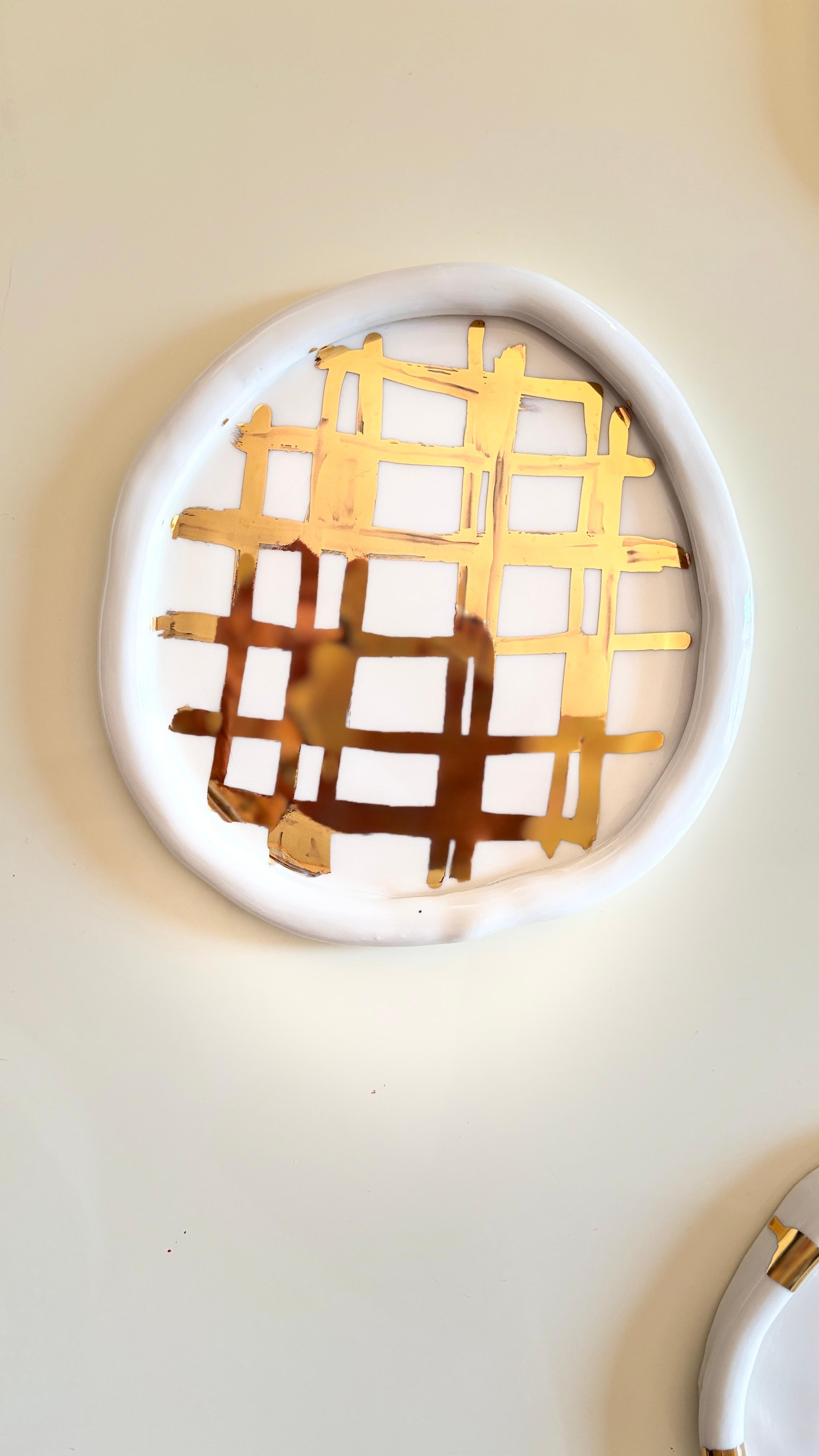 Post Modern Inspired White and Gold Unique Porcelain Plates by Hania Jneid For Sale 1