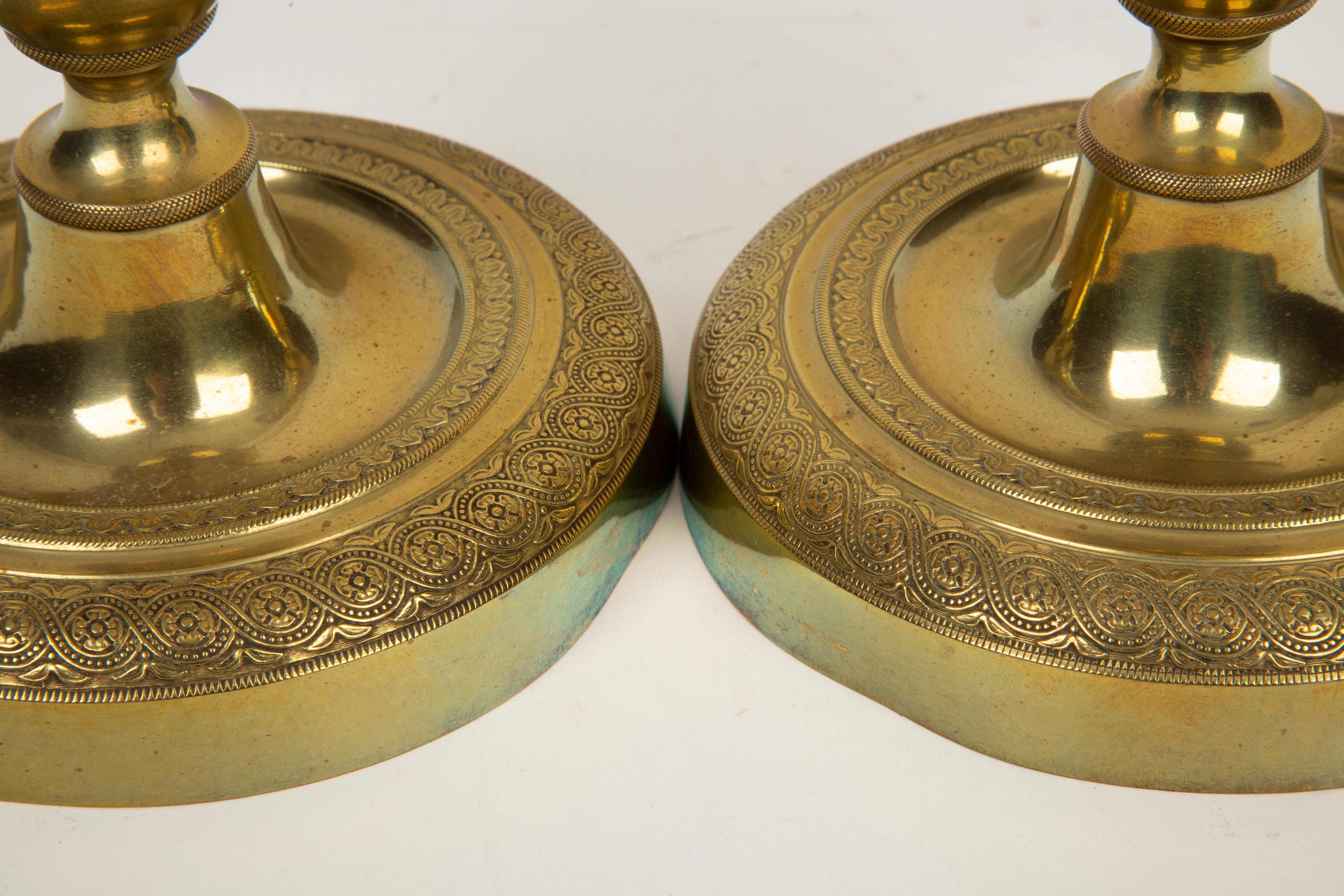 Restauration Golden Grandeur: Pair of French Restoration Gilt Bronze Candlesticks, Circa 1820