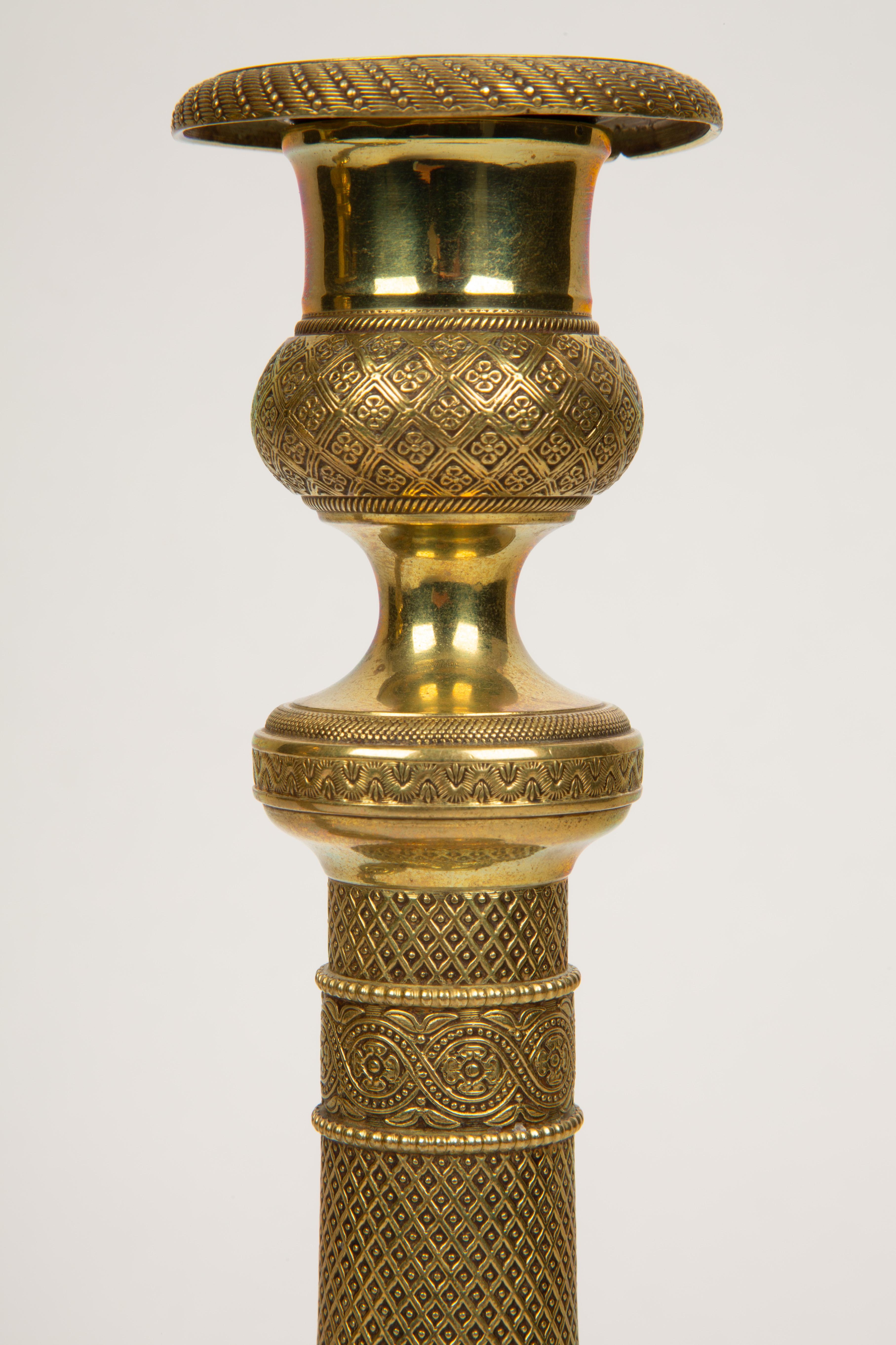 Golden Grandeur: Pair of French Restoration Gilt Bronze Candlesticks, Circa 1820 In Excellent Condition In New York, NY