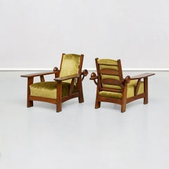 Golden Green Velvet Adjustable Armchairs in Pitch Pine Clemens Holzmeister, 1930