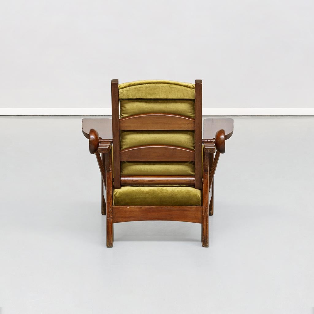 Golden Green Velvet Adjustable Armchairs in Pitch Pine Clemens Holzmeister, 1930 For Sale 2