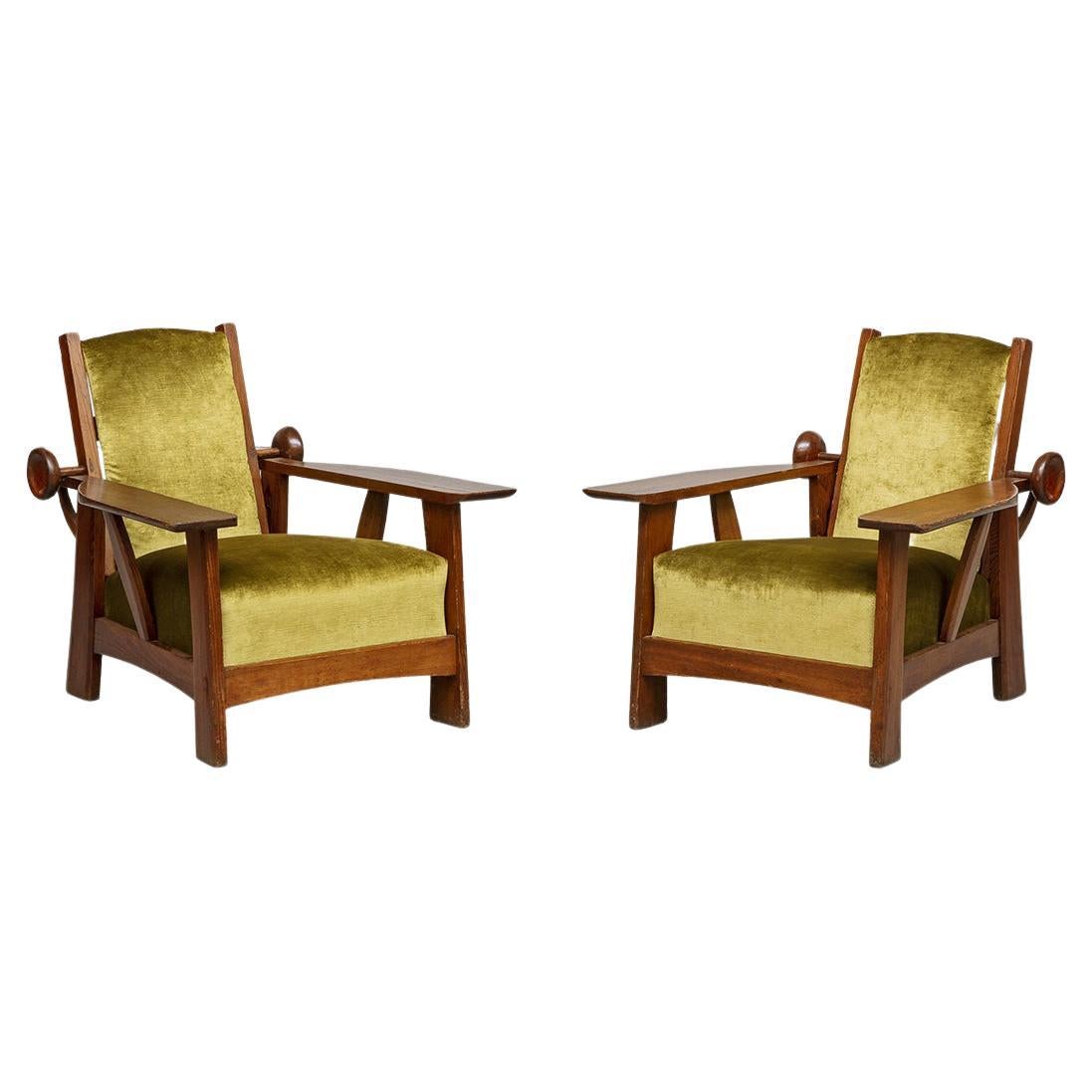 Golden Green Velvet Adjustable Armchairs in Pitch Pine Clemens Holzmeister, 1930 For Sale