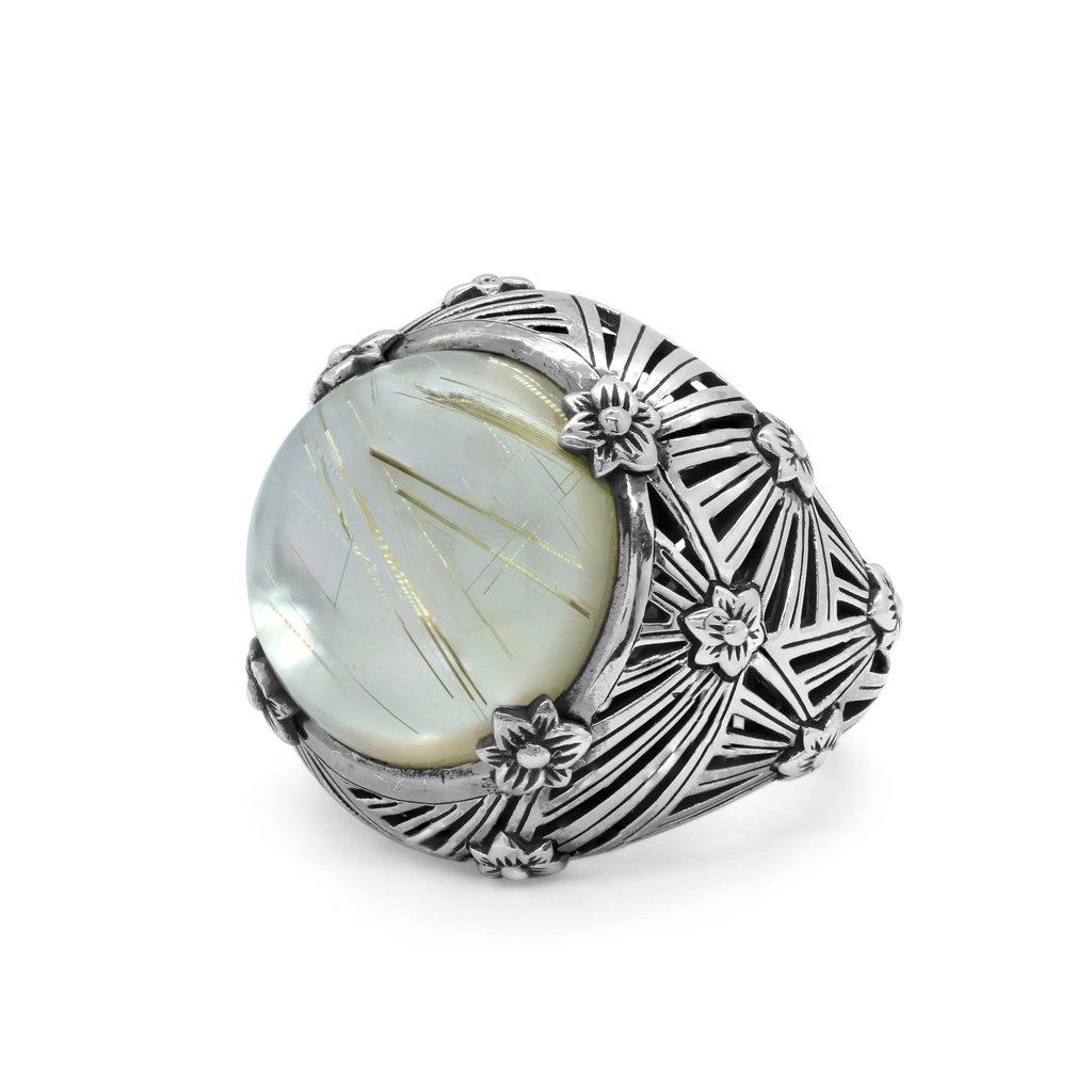 For Sale:  Golden Hair Rutilated Quartz and Mother Of Pearl Ring in Sterling Silver 3