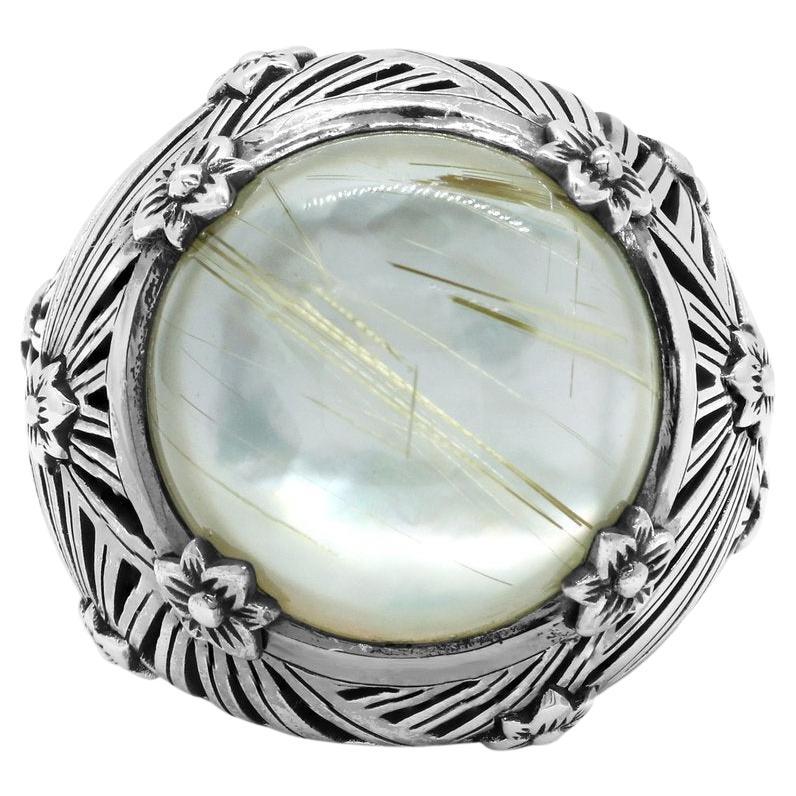 En vente :  Bague en argent sterling avec quartz rutilé à cheveux dorés et nacre