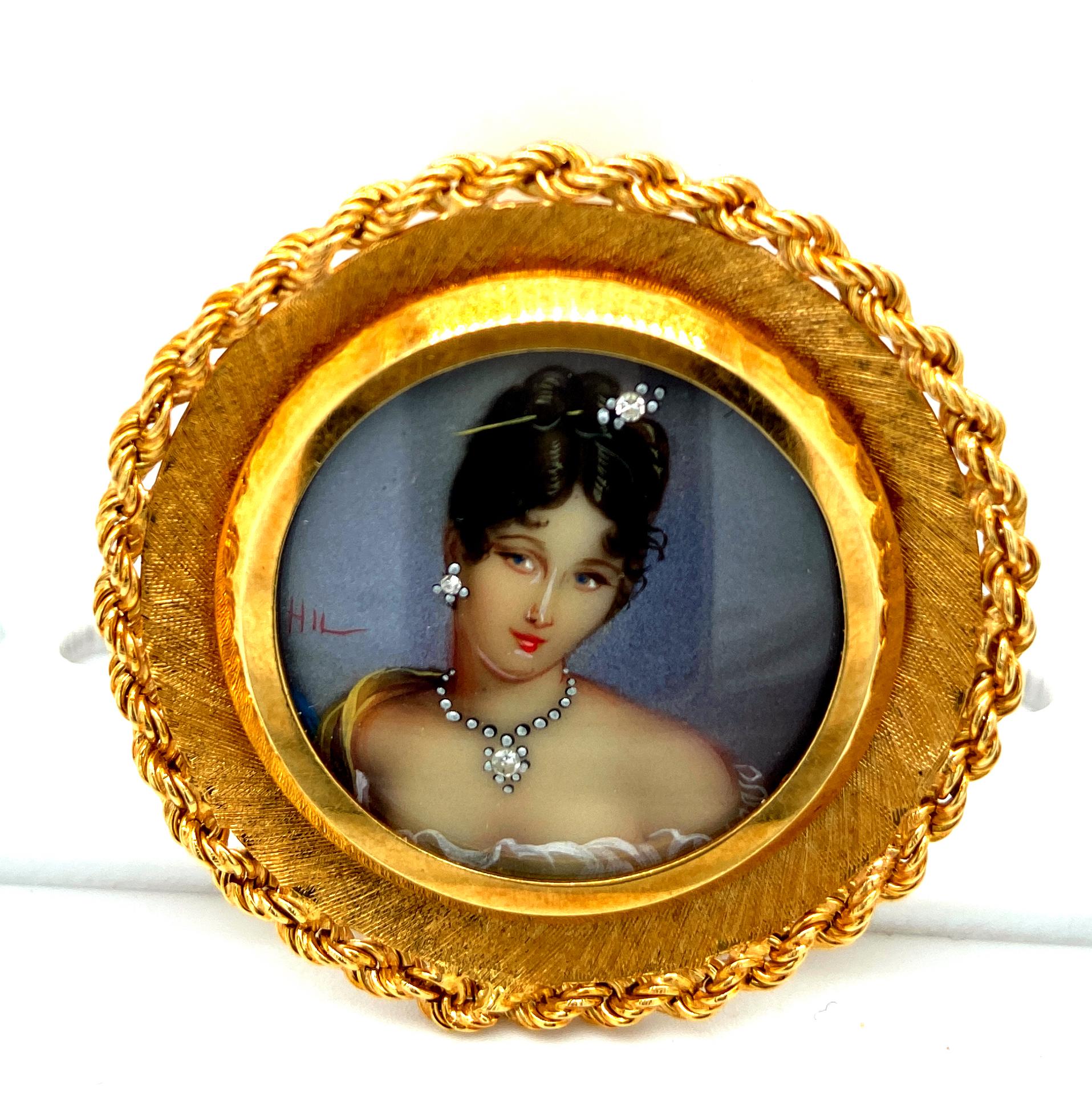 18kt yellow gold elegant hand painted portrait brooch / pendant made in the 1950 s.

This brooch / pendant is a hand painted miniature portrait, depicting a young lady in period dress wearing a diamond necklace, diamond earring and diamond