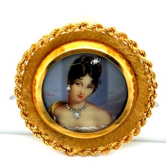 18kt yellow Gold Hand Painted Retro Brooch Pendant Portrait of Young Lady