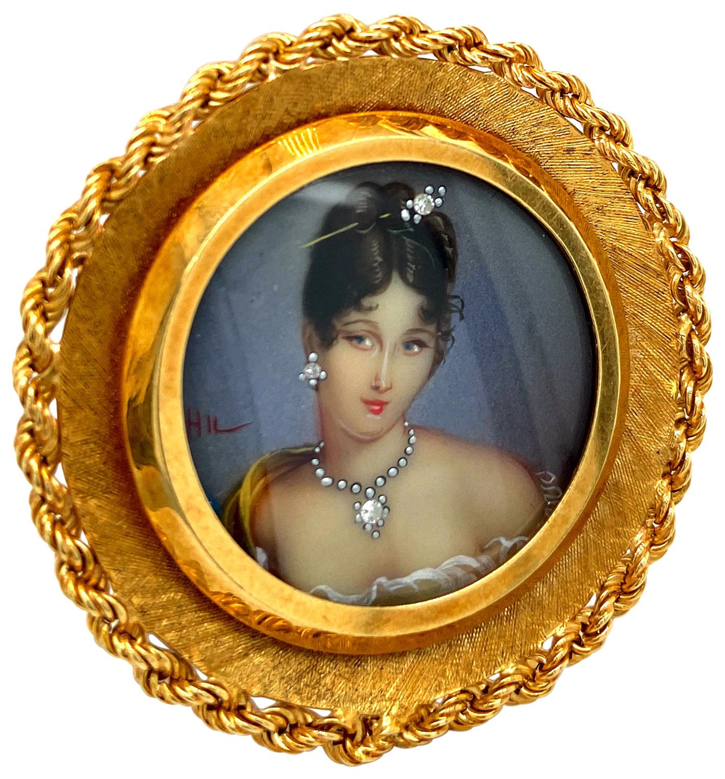 18kt yellow Gold Hand Painted Retro Brooch Pendant Portrait of Young Lady For Sale