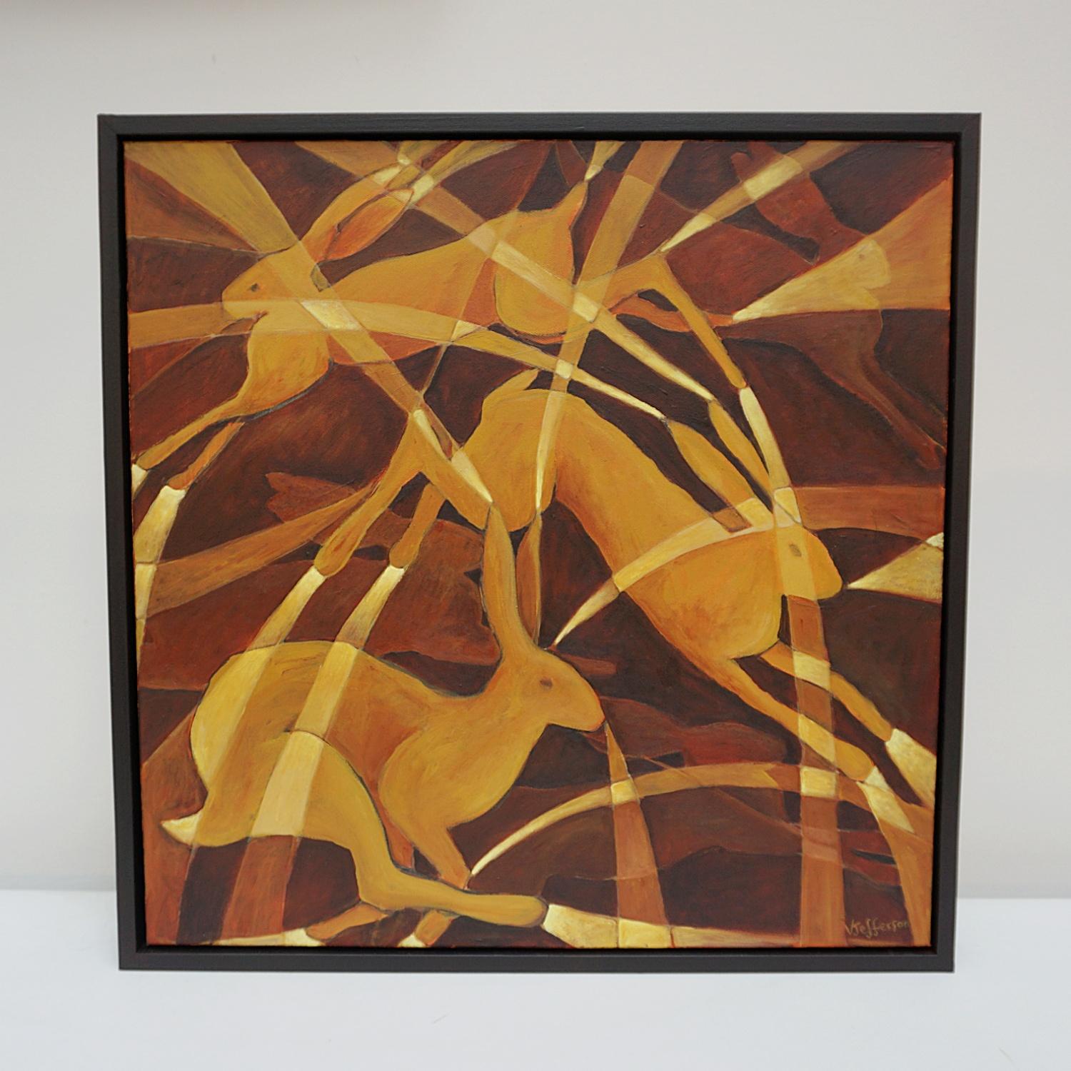 'Golden Hares' An Art Deco style contemporary painting by Vera Jefferson depicting golden hares leaping amongst a stylised background. Signed V Jefferson to lower right. 

Dimensions: H 54cm W 54cm D 5cm

Vera Jefferson trained at Goldsmiths