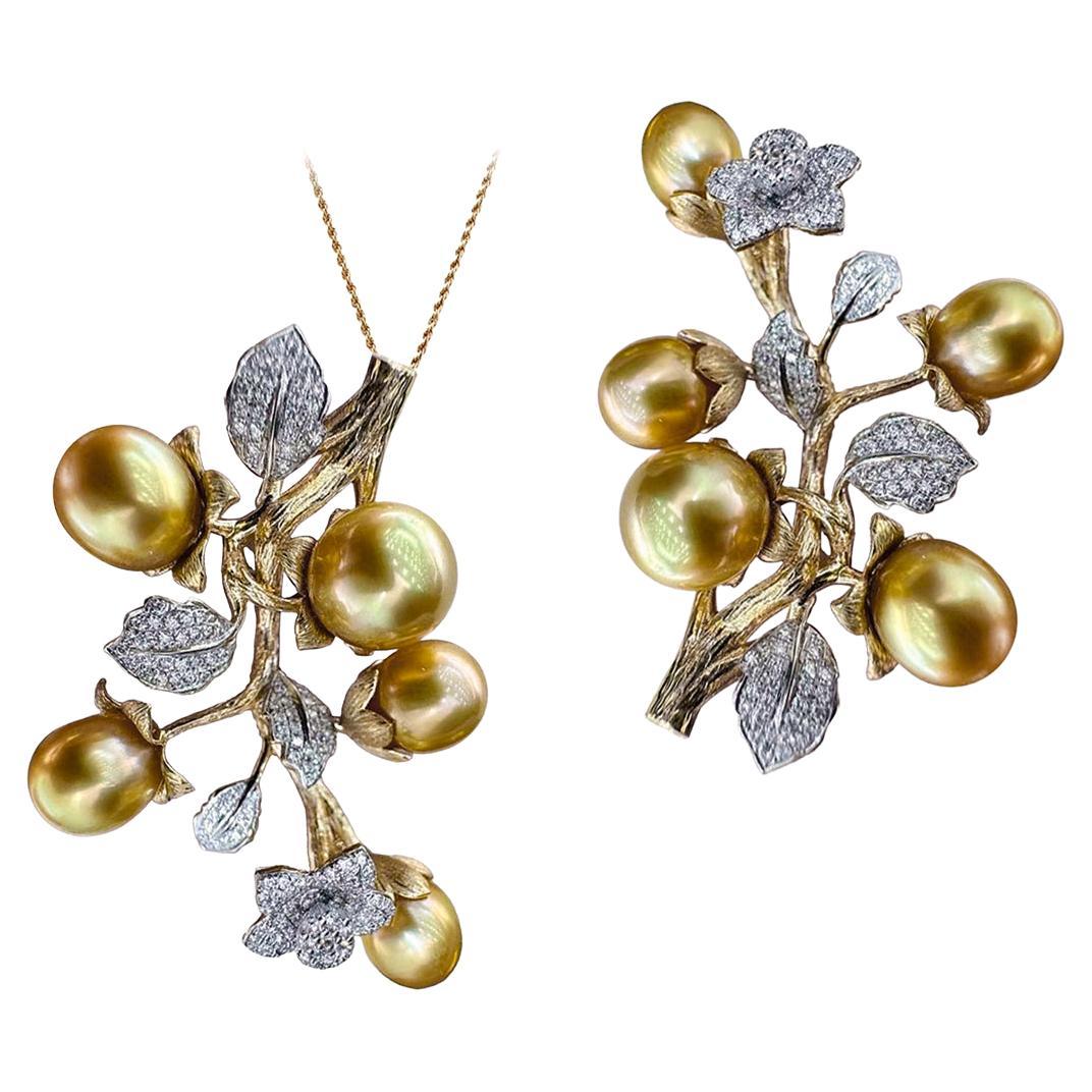 Golden Harvest Convertible South Sea Pearl & Diamond Floral Brooch-Pendant
