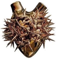 Golden heart Vase, with metal support base. Porcelain, Gold leaf. Handmade Italy