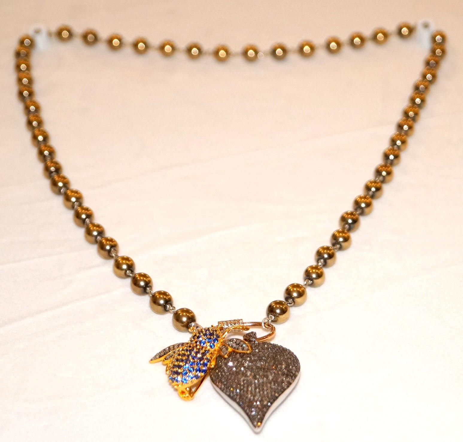 Mixed Cut Golden Hematite Bead Necklace Sterling Silver Natural Diamond Carabiner n charms For Sale