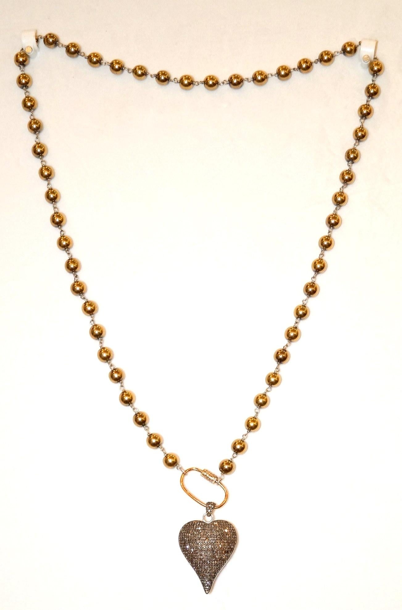 Golden Hematite Bead Necklace Sterling Silver Natural Diamond Carabiner n charms In New Condition For Sale In Delhi, DL