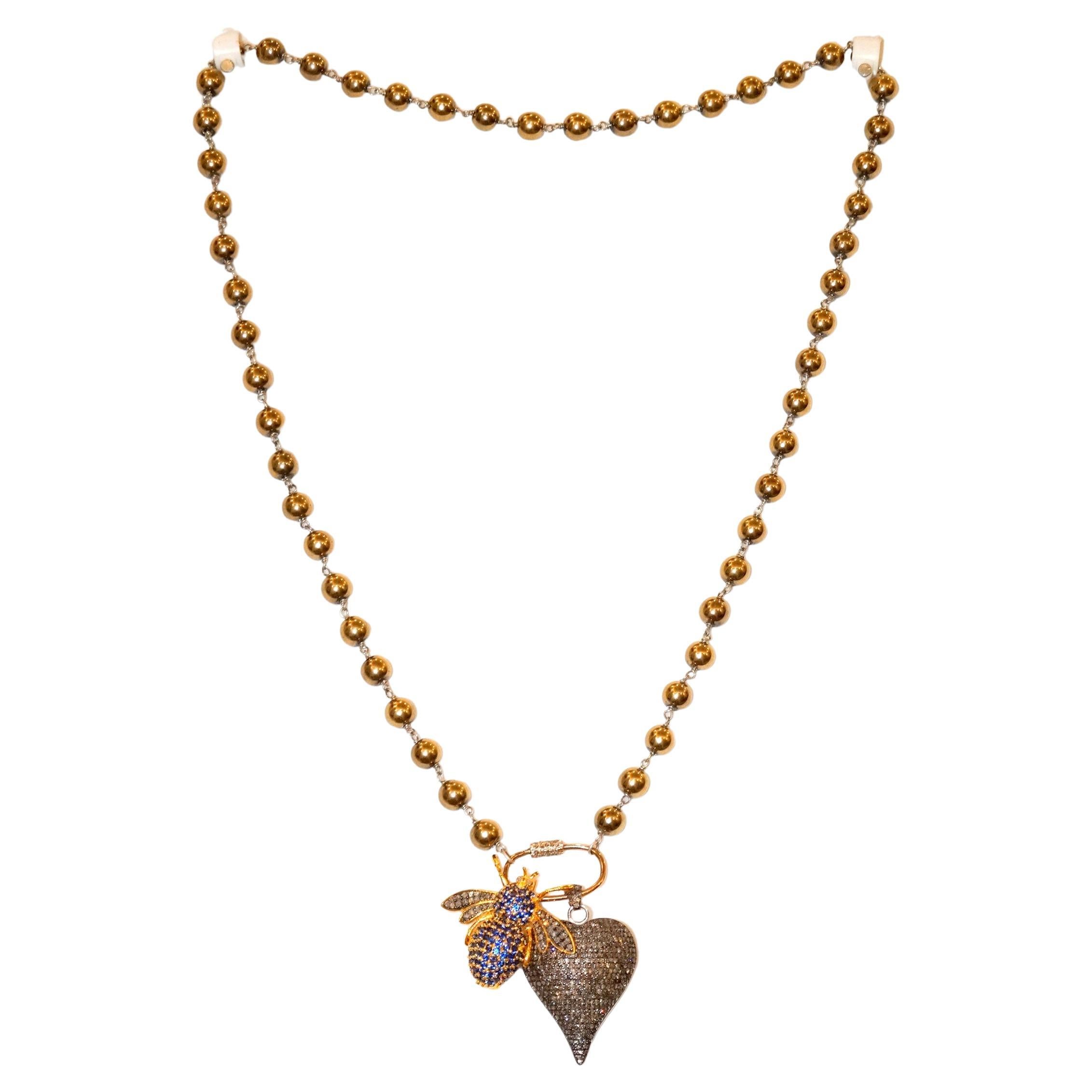 Golden Hematite Bead Necklace Sterling Silver Natural Diamond Carabiner n charms For Sale