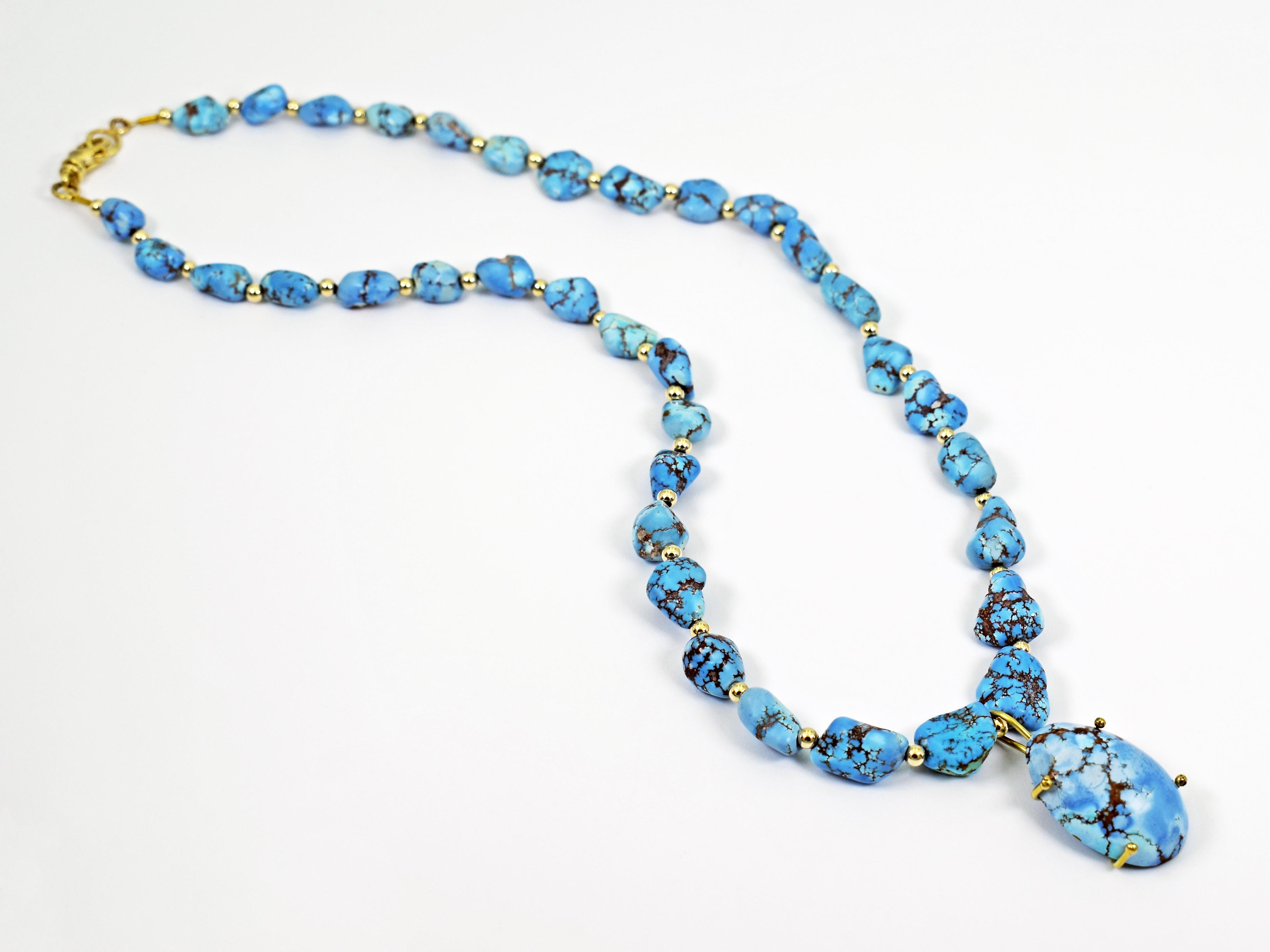 Golden Hill Turquoise 14 Karat Gold Pendant Beaded Necklace In New Condition In Naples, FL