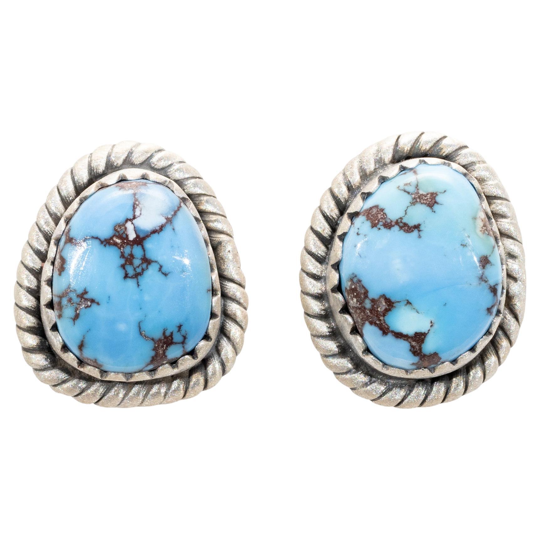 Golden Hill Turquoise and Sterling Silver Stud Earrings For Sale