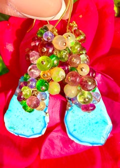 Boucles d'oreilles en turquoise du Kazakhstan et pierres précieuses assorties, en or jaune 18 carats