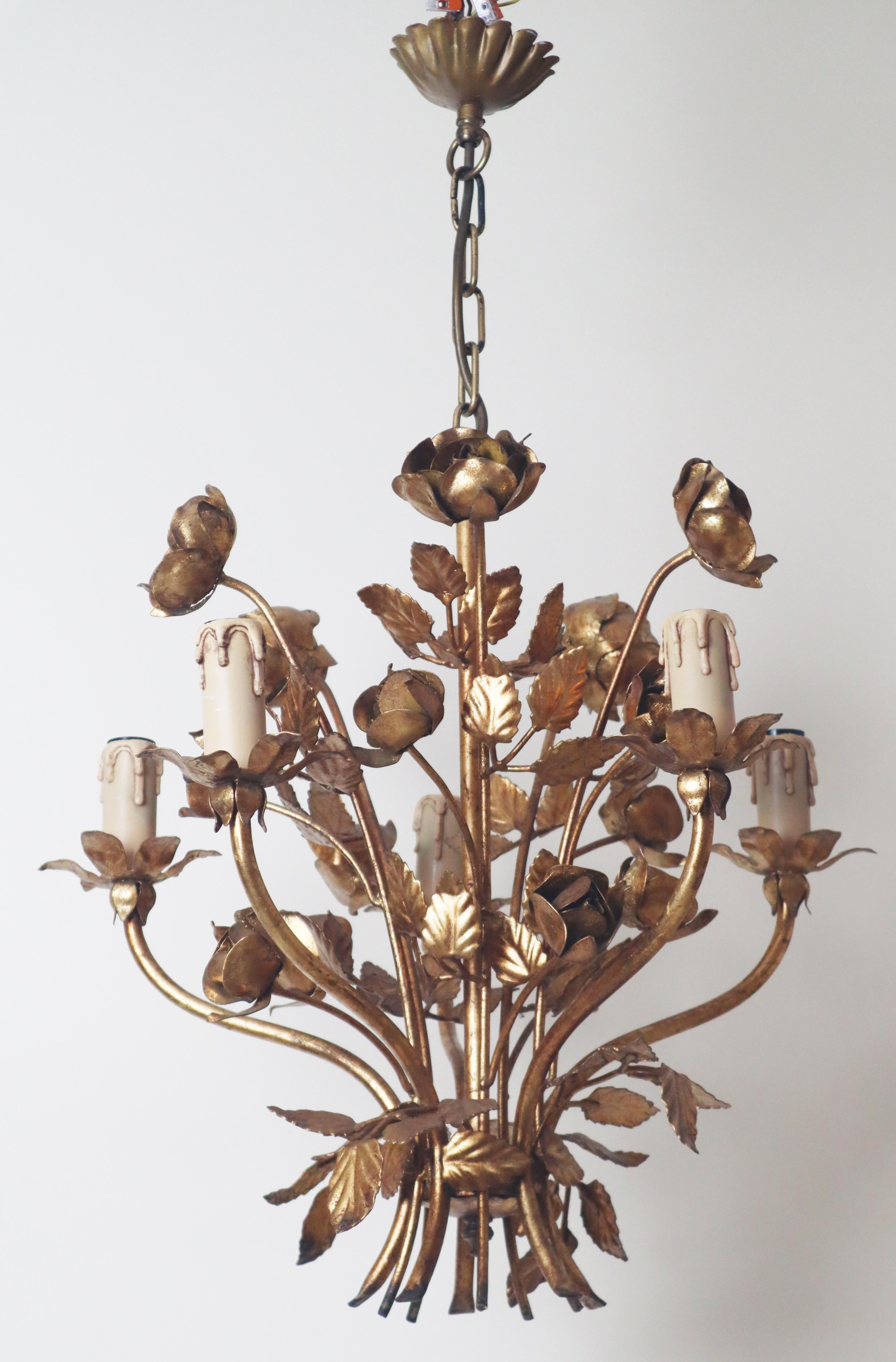 Araña de 5 luces Golden Hollywood Regency Rose Hecho a mano en venta