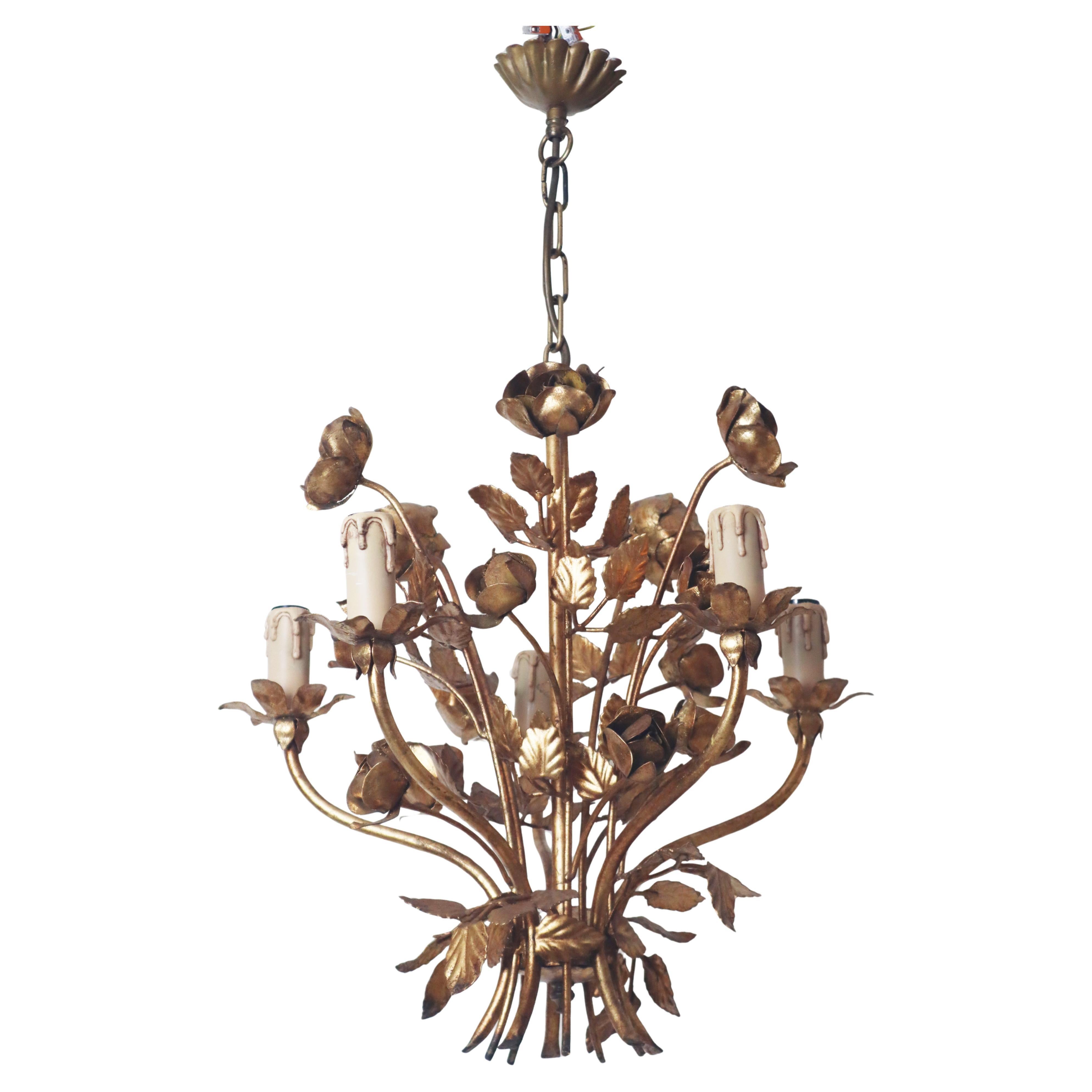 Golden Hollywood Regency 5-Light Rose Chandelier