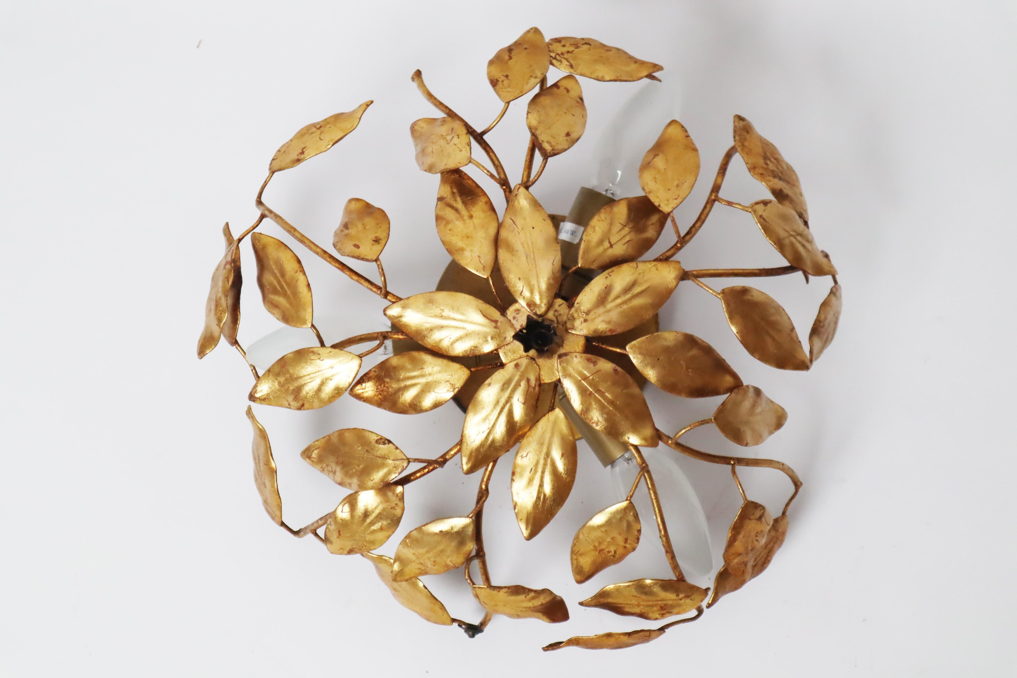 Golden Hollywood Regency Flush Mount With Branches and Leaves. For Sale 6