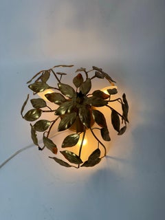 Golden Hollywood Regency Flush Mount With Branches and Leaves.