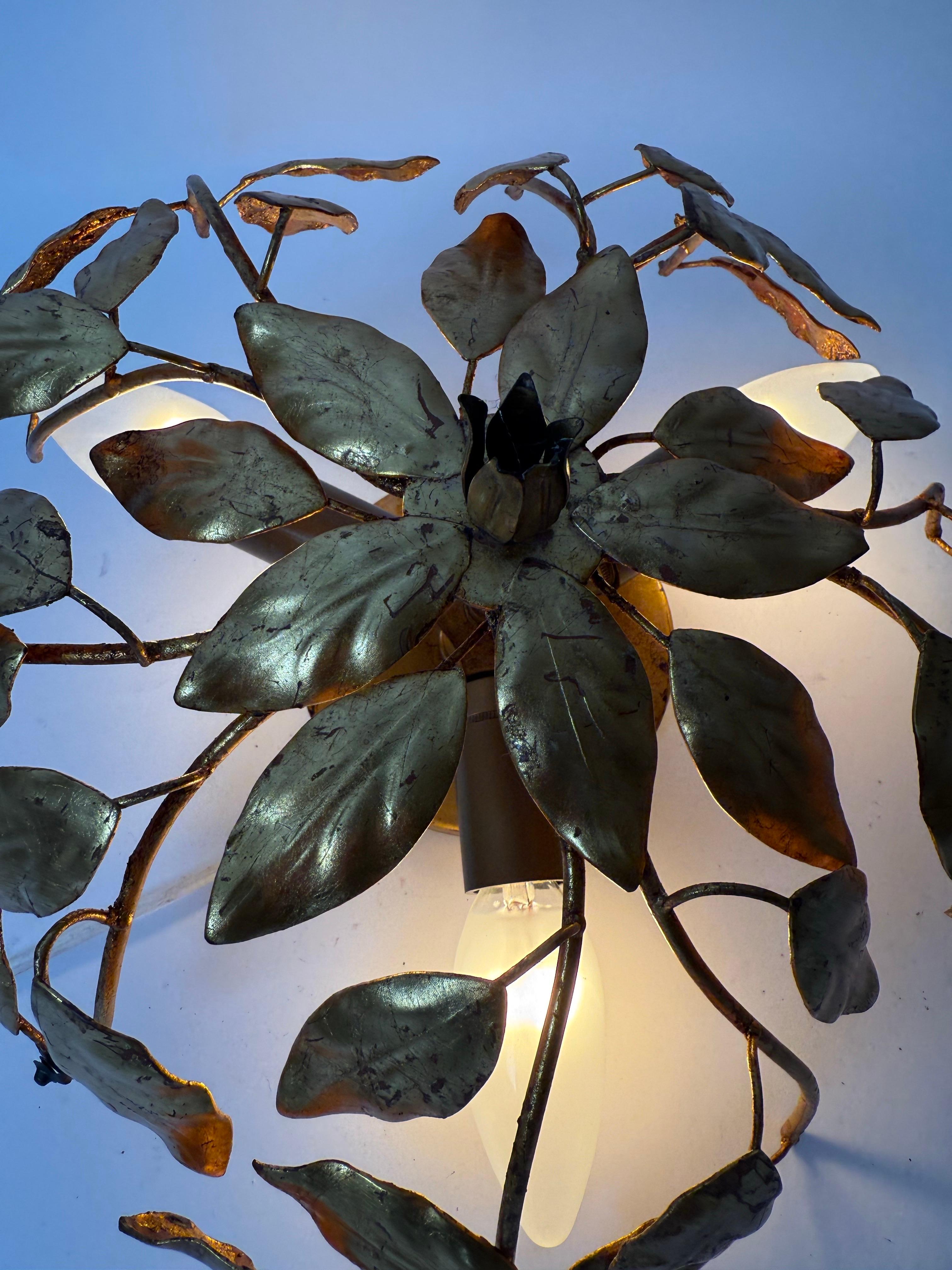 Italian Golden Hollywood Regency Flush Mount With Branches and Leaves. For Sale