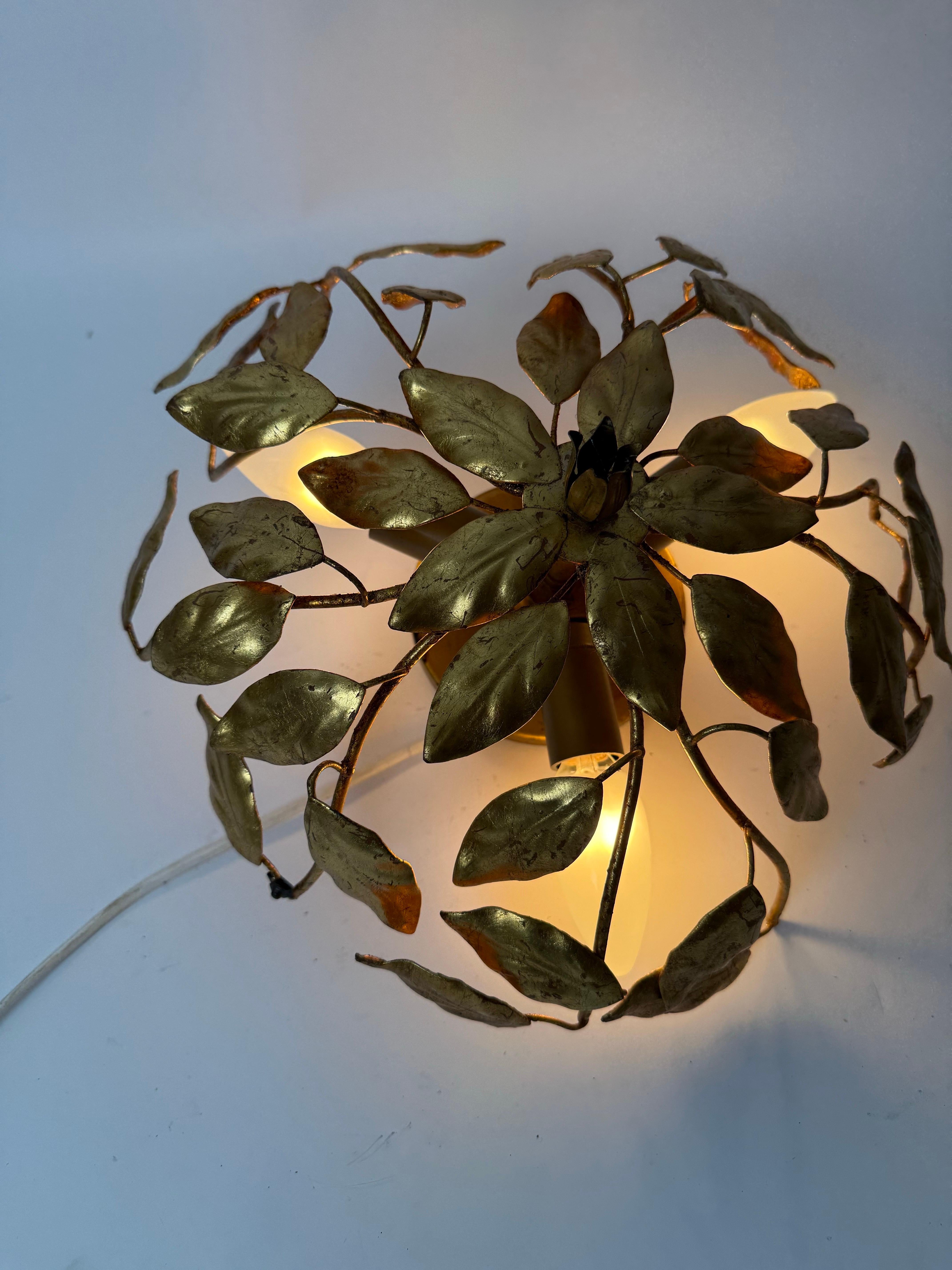 Hand-Crafted Golden Hollywood Regency Flush Mount With Branches and Leaves. For Sale
