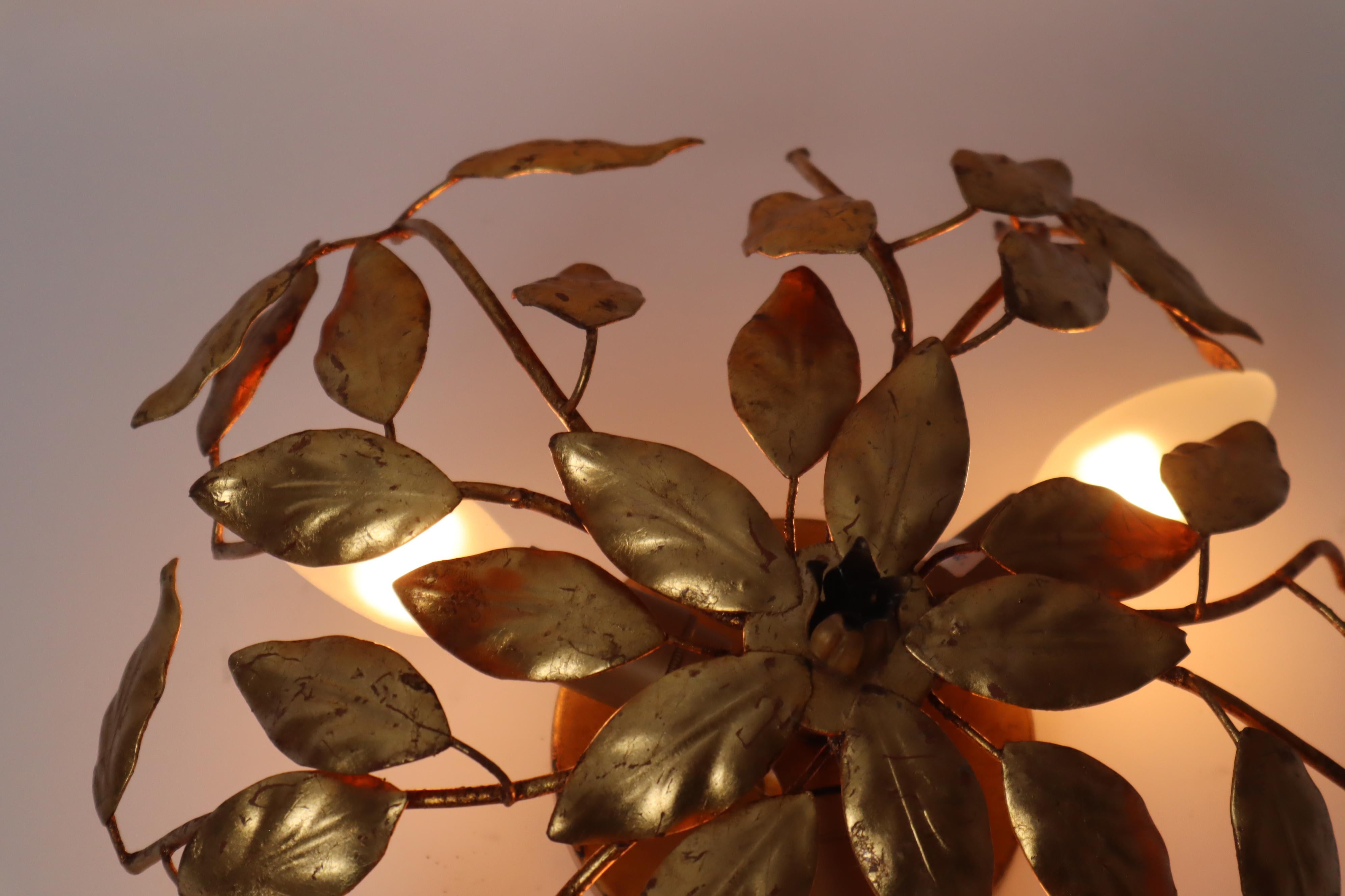 Golden Hollywood Regency Flush Mount With Branches and Leaves. For Sale 2