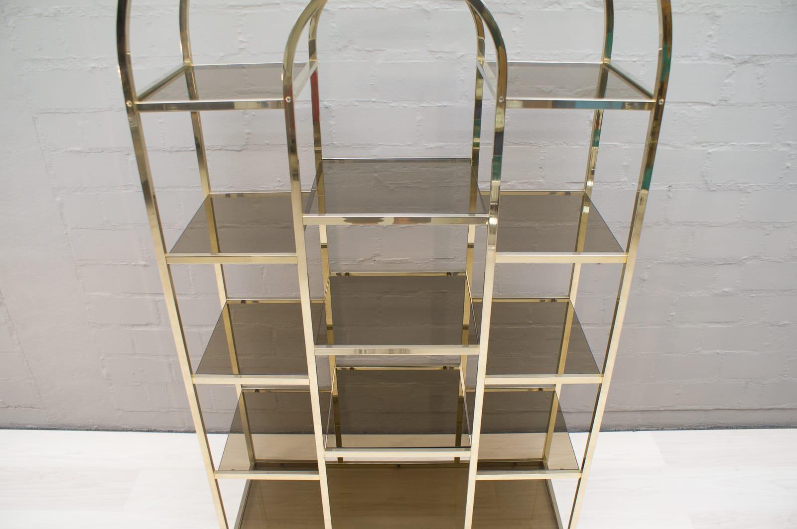 French Golden Hollywood Regency Shelf with Smoked Glass Maison Charles Attributed