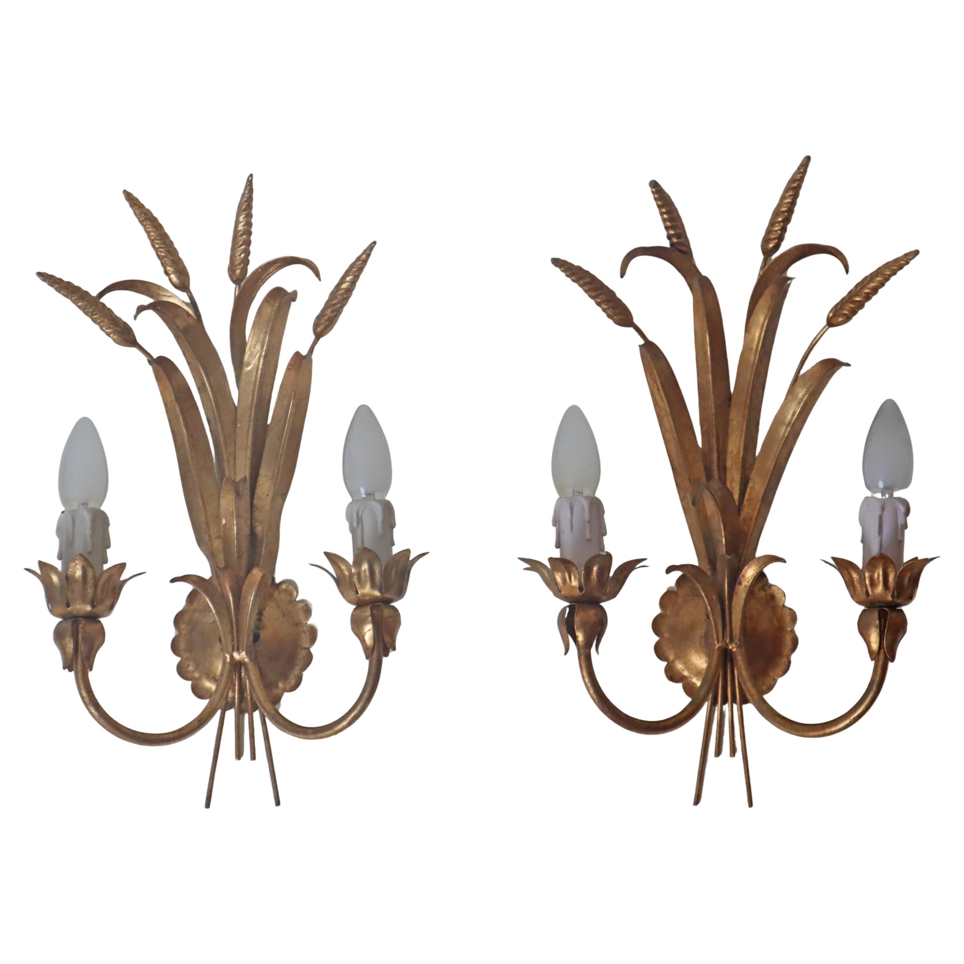 Golden Hollywood Regency Wall Lamp Pair With Wheat Ears by Hans Kögl For Sale