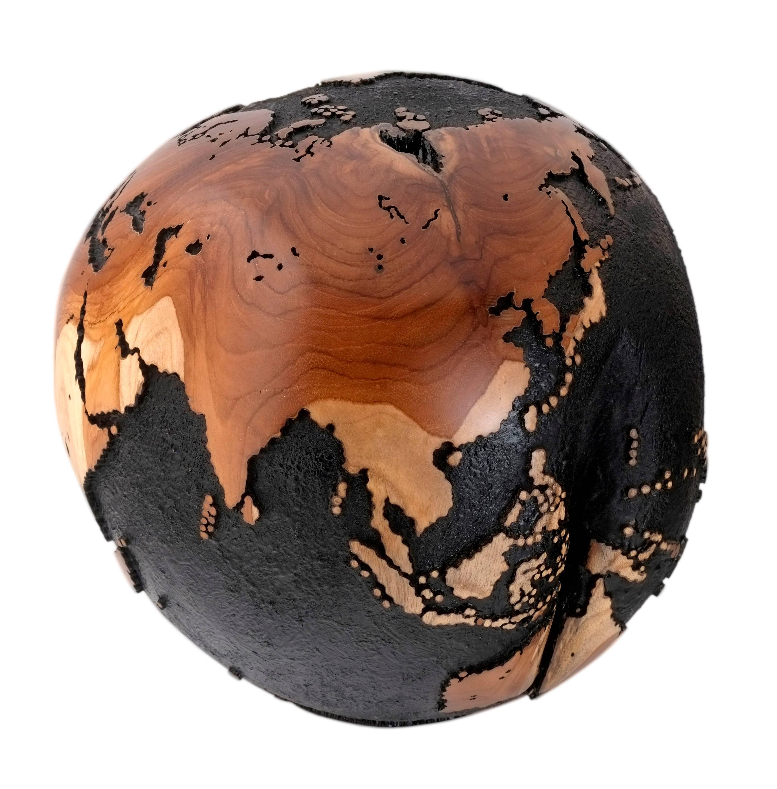 Organic Modern Golden Hook, Globe Made of Teak Root, Gold Paint, Metal Texture Finishing 30 cm