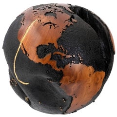 Golden Hook, Globe Made of Teak Root, Gold Paint, Metal Texture Finishing 30 cm