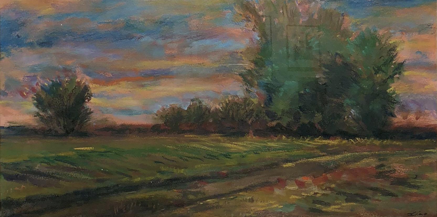 Hand-Painted Golden Hued Landscape, Soft Pastel on Paper, Rural Scene with Tree Bank and Sky For Sale