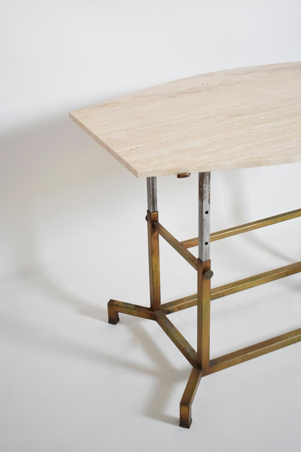 Bronze golden iron, iron and travertine adjustable middle table console or dining table. Italy, 1970s.