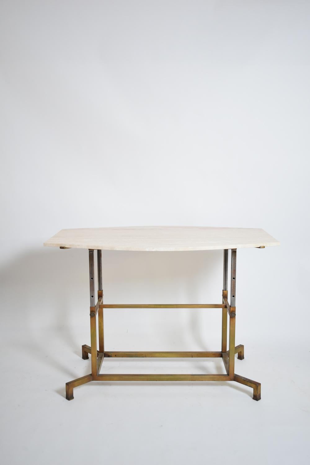 Italian Golden iron and iron and travertine table, 1970s. For Sale