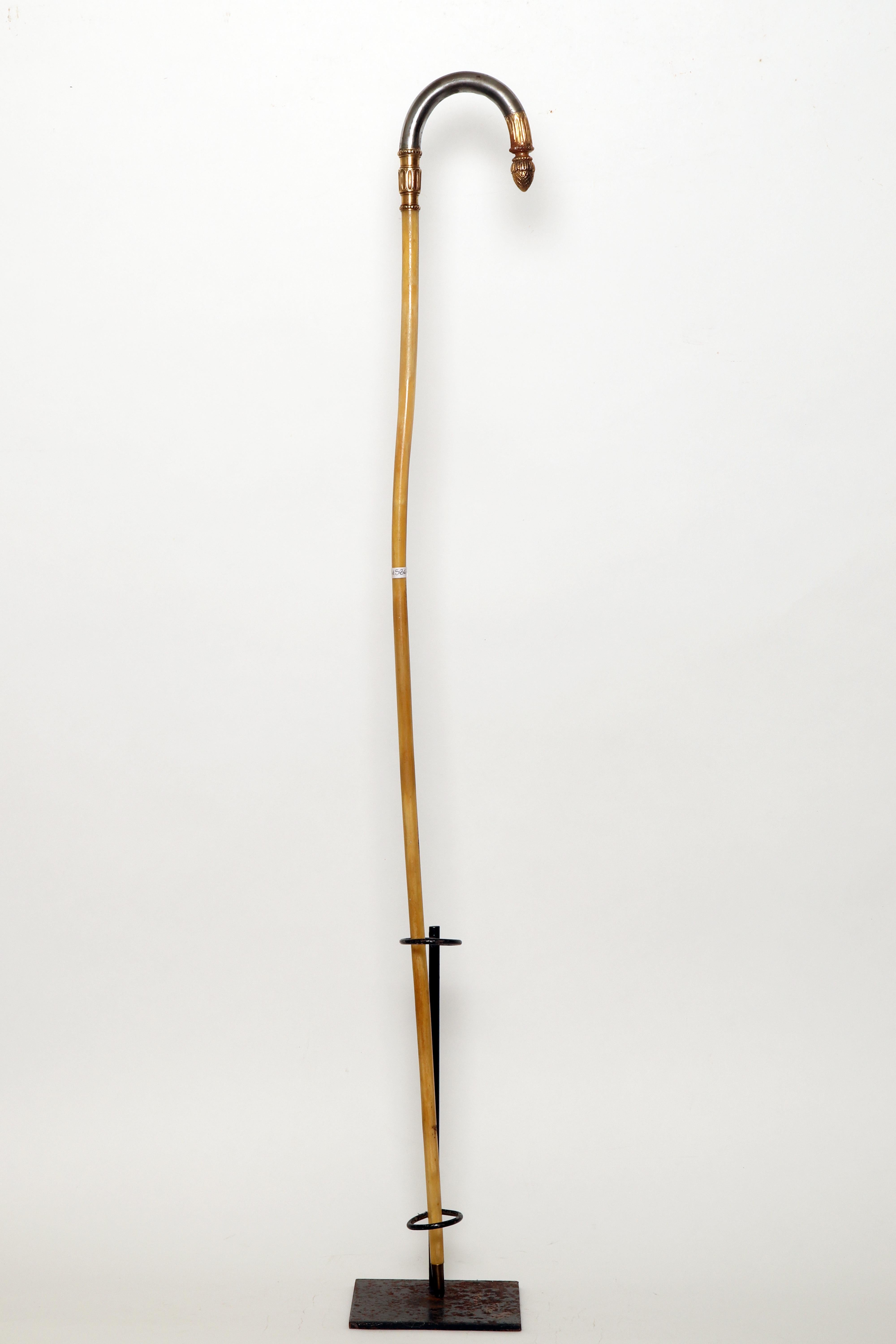 A rare walking stick with gilt brass ferrule and iron tip. Hot-formed ram's horn barrel, iron handle.
The shaft, clear, is made by putting it in a hot shape by boiling, sometimes frying and has a flexibility that suggests an aesthetic, rather than a