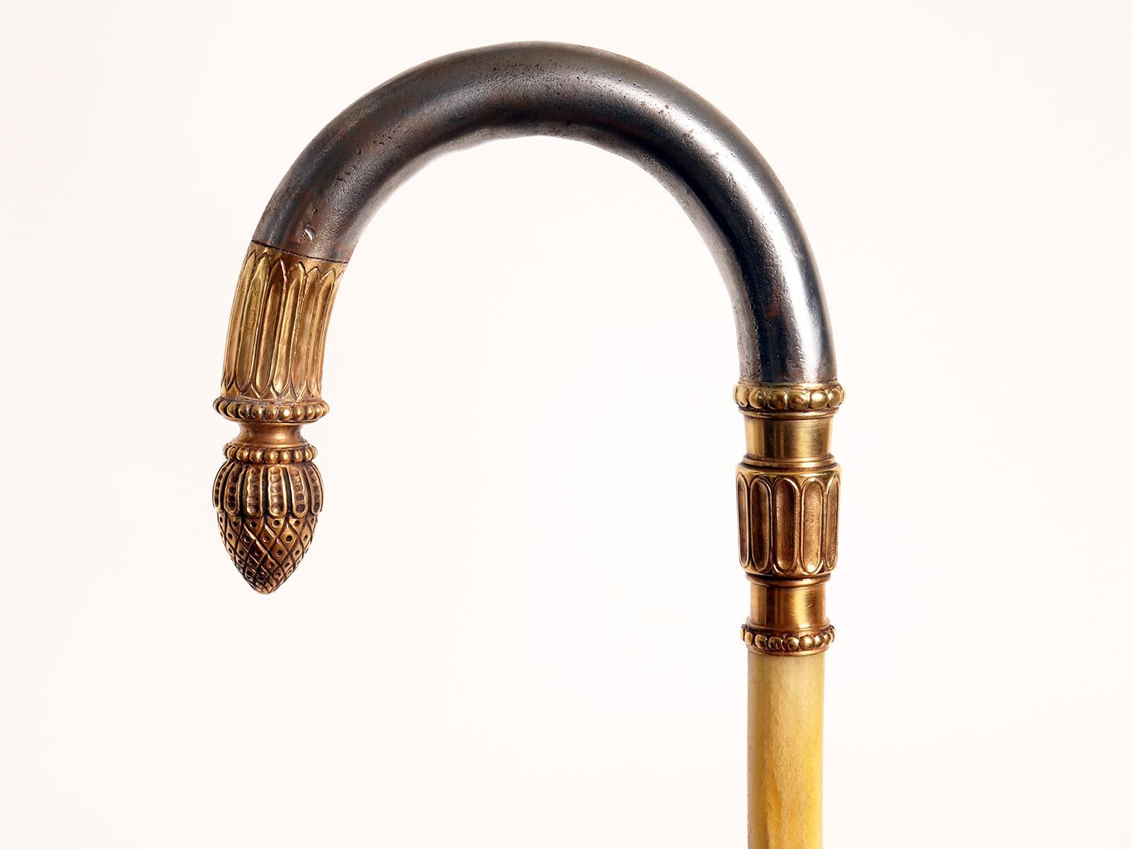 Brass Golden iron handle walking stick with acorn, Berlin, Germany 1840. For Sale