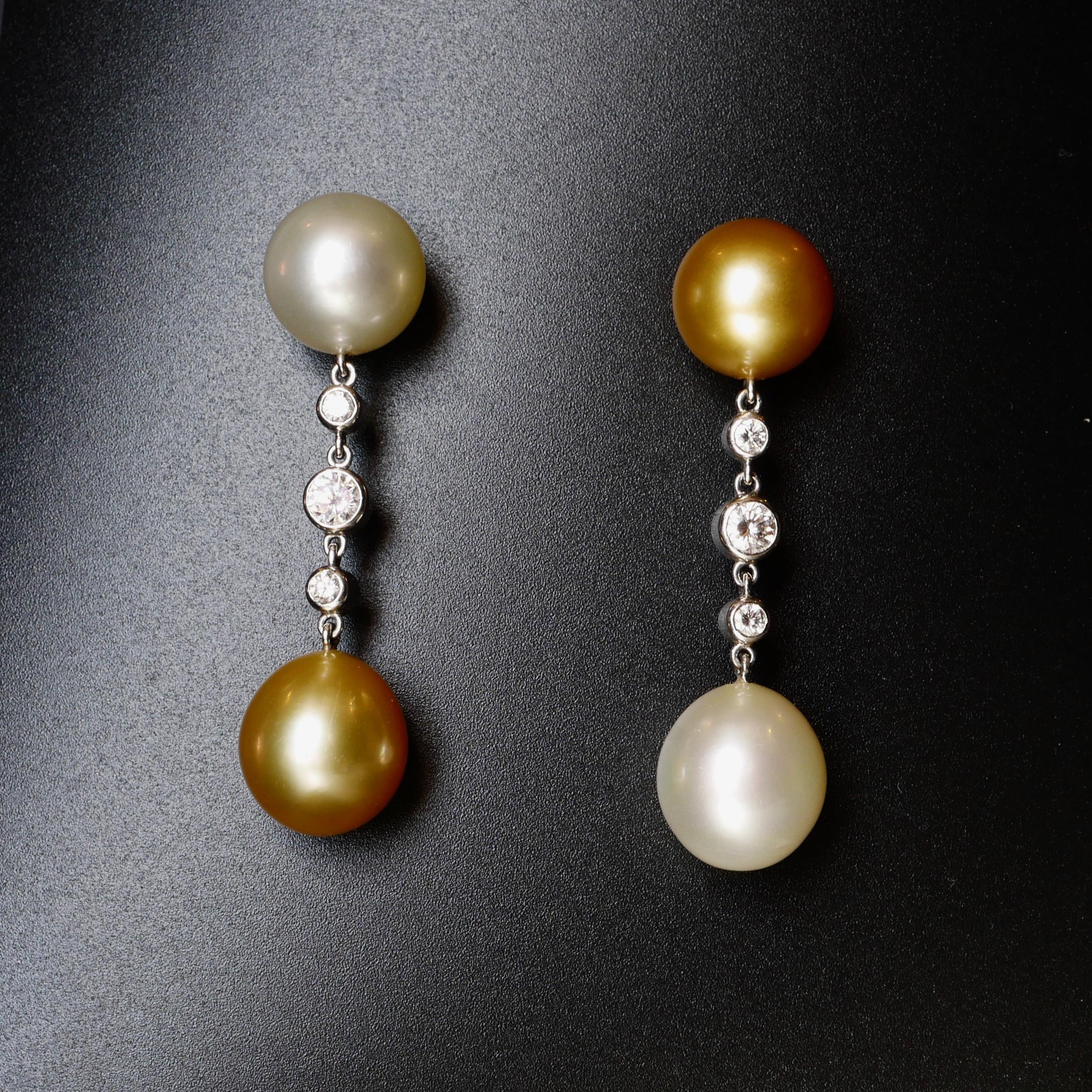 Golden and Ivory Toned South Sea Pearl and White Round Cut Diamond Drop Earrings In Excellent Condition For Sale In London, GB