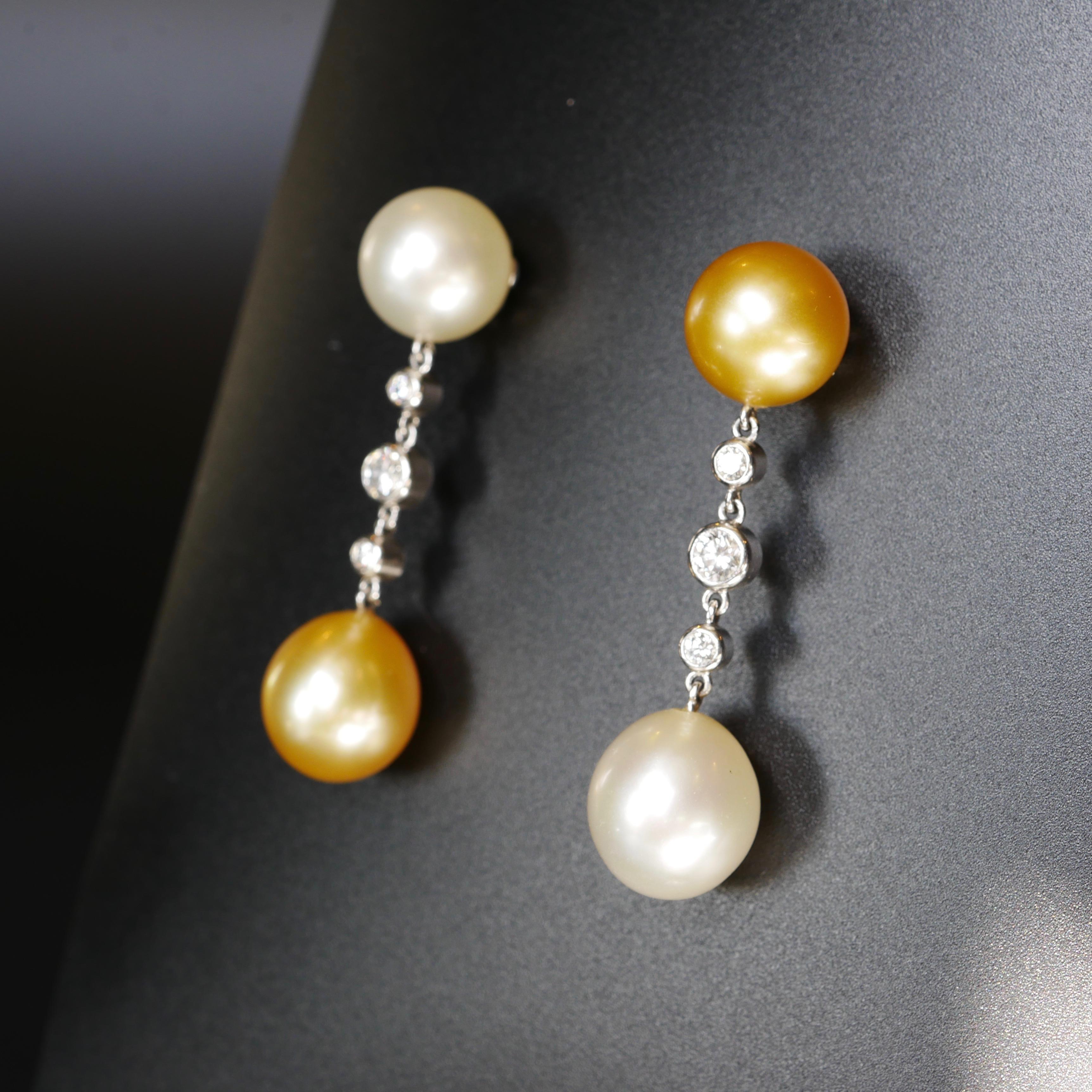 Women's or Men's Golden and Ivory Toned South Sea Pearl and White Round Cut Diamond Drop Earrings For Sale