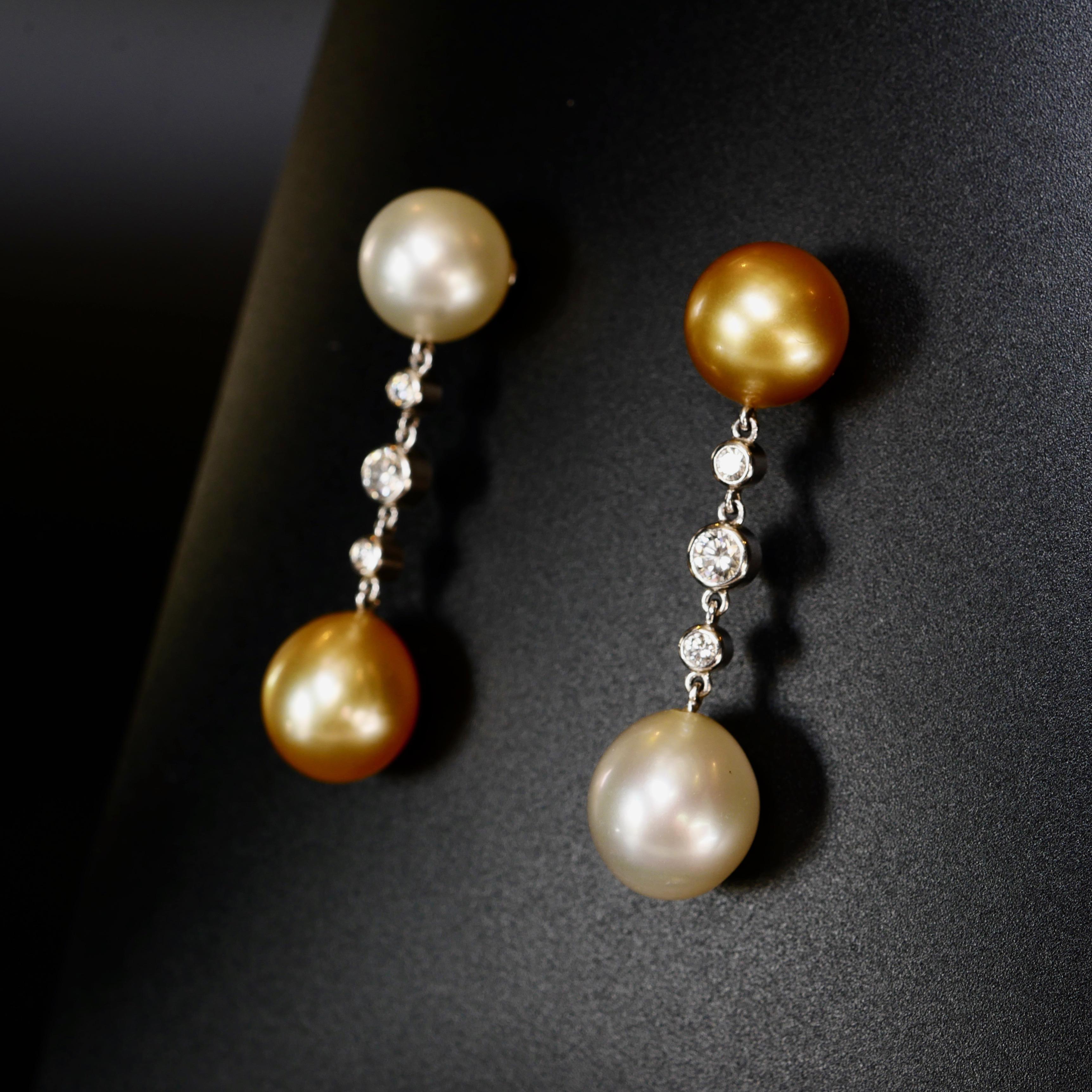 Golden and Ivory Toned South Sea Pearl and White Round Cut Diamond Drop Earrings For Sale 1