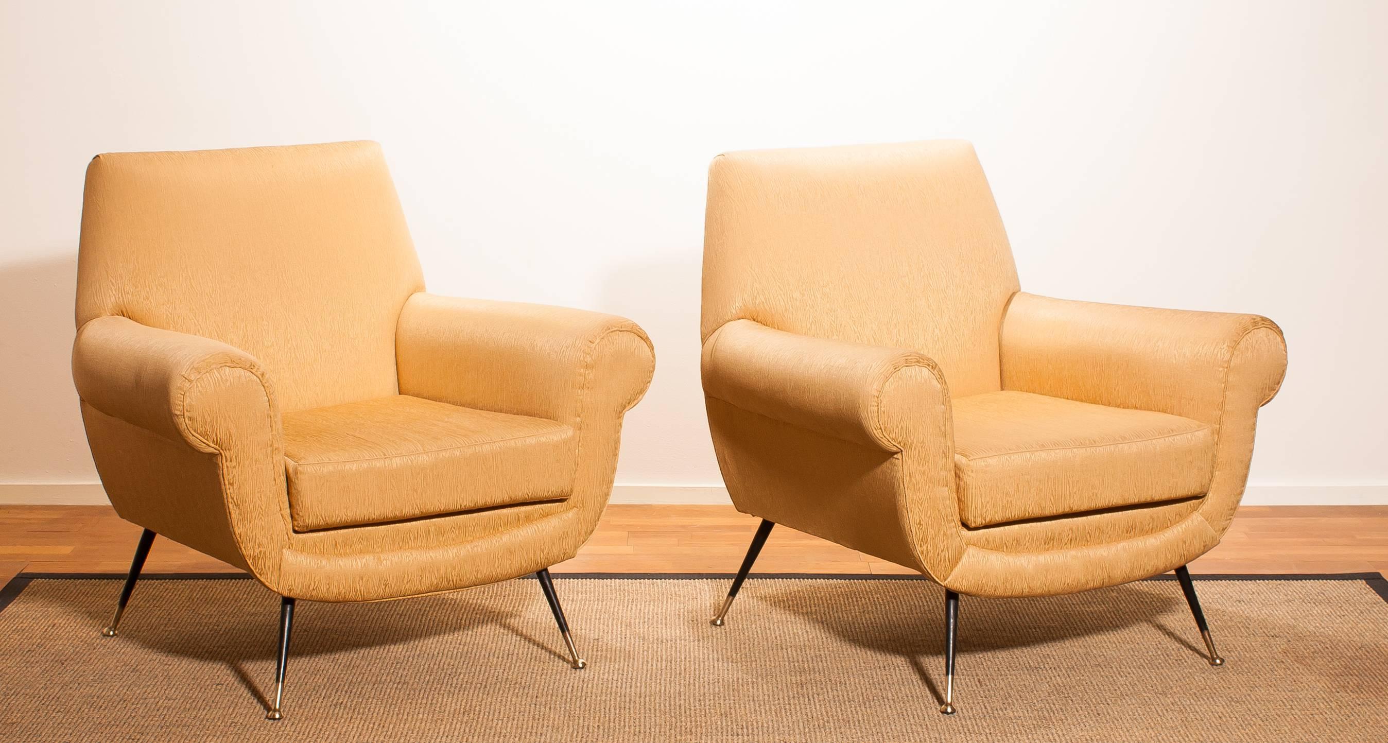 Golden Jacquard Upholstered Easy Chairs by Gigi Radice for Minotti, Brass Legs. 4