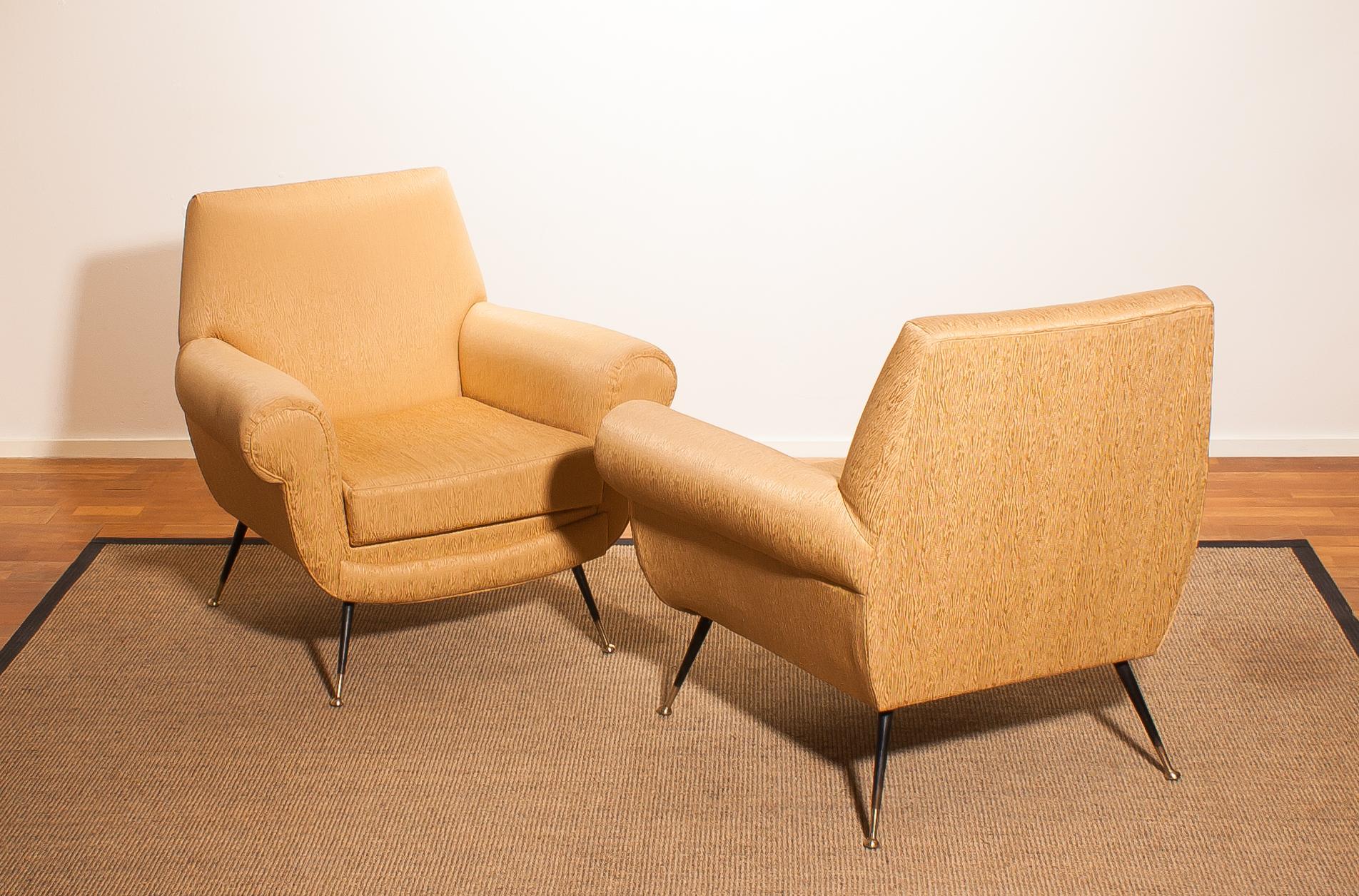 Golden Jacquard Upholstered Easy Chairs by Gigi Radice for Minotti, Brass Legs 4