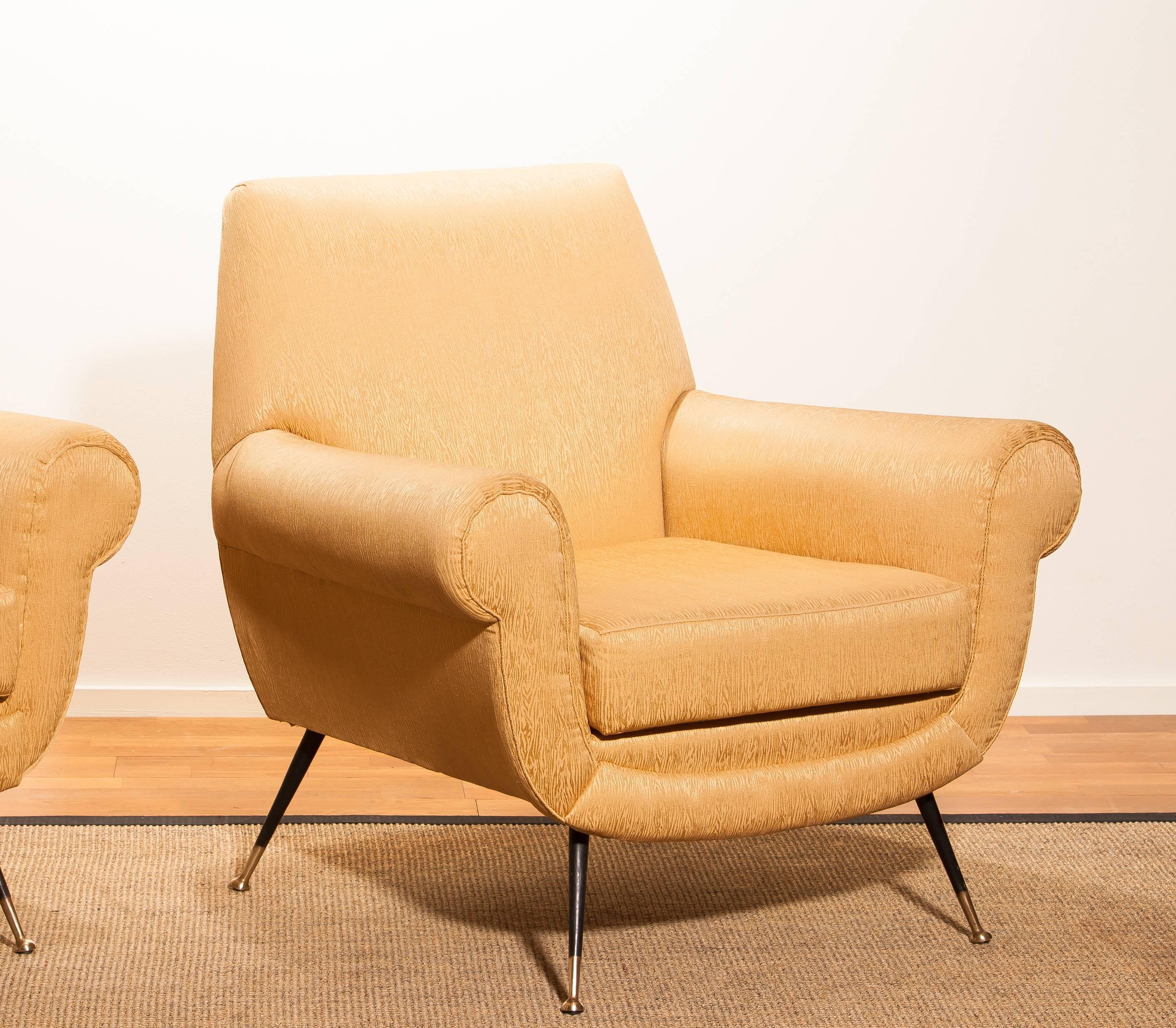 Golden Jacquard Upholstered Easy Chairs by Gigi Radice for Minotti, Brass Legs. 5