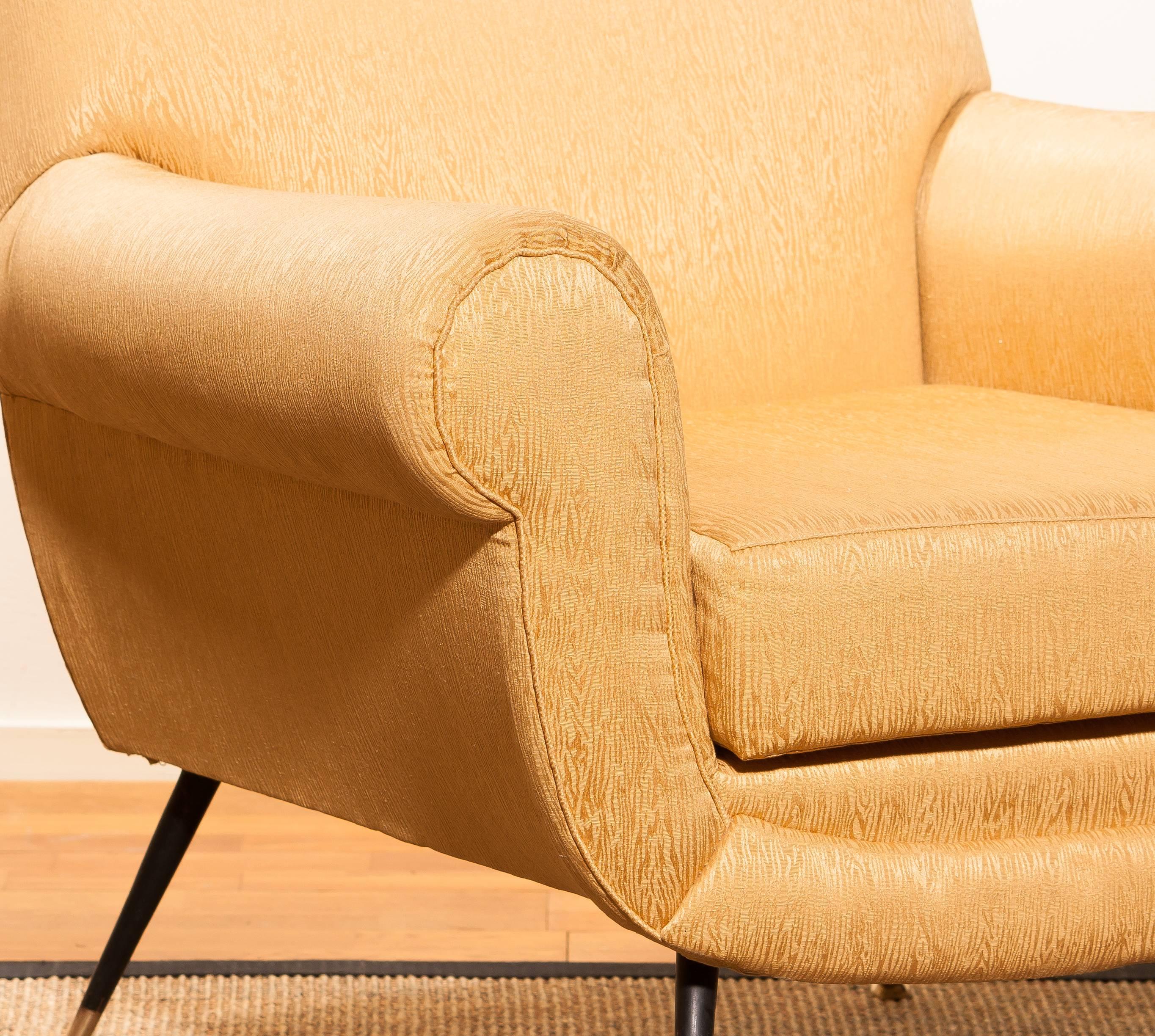 Golden Jacquard Upholstered Easy Chairs by Gigi Radice for Minotti, Brass Legs. 6