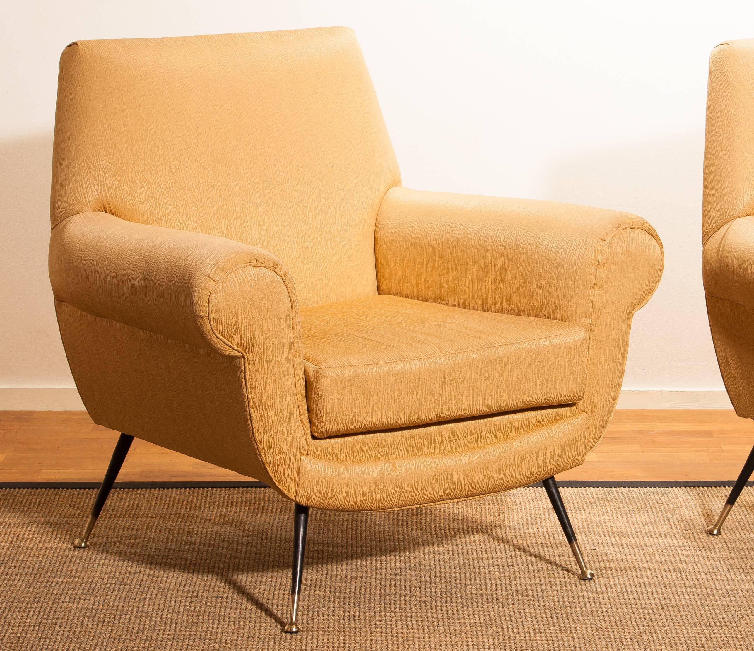 Golden Jacquard Upholstered Easy Chairs by Gigi Radice for Minotti, Brass Legs. 7