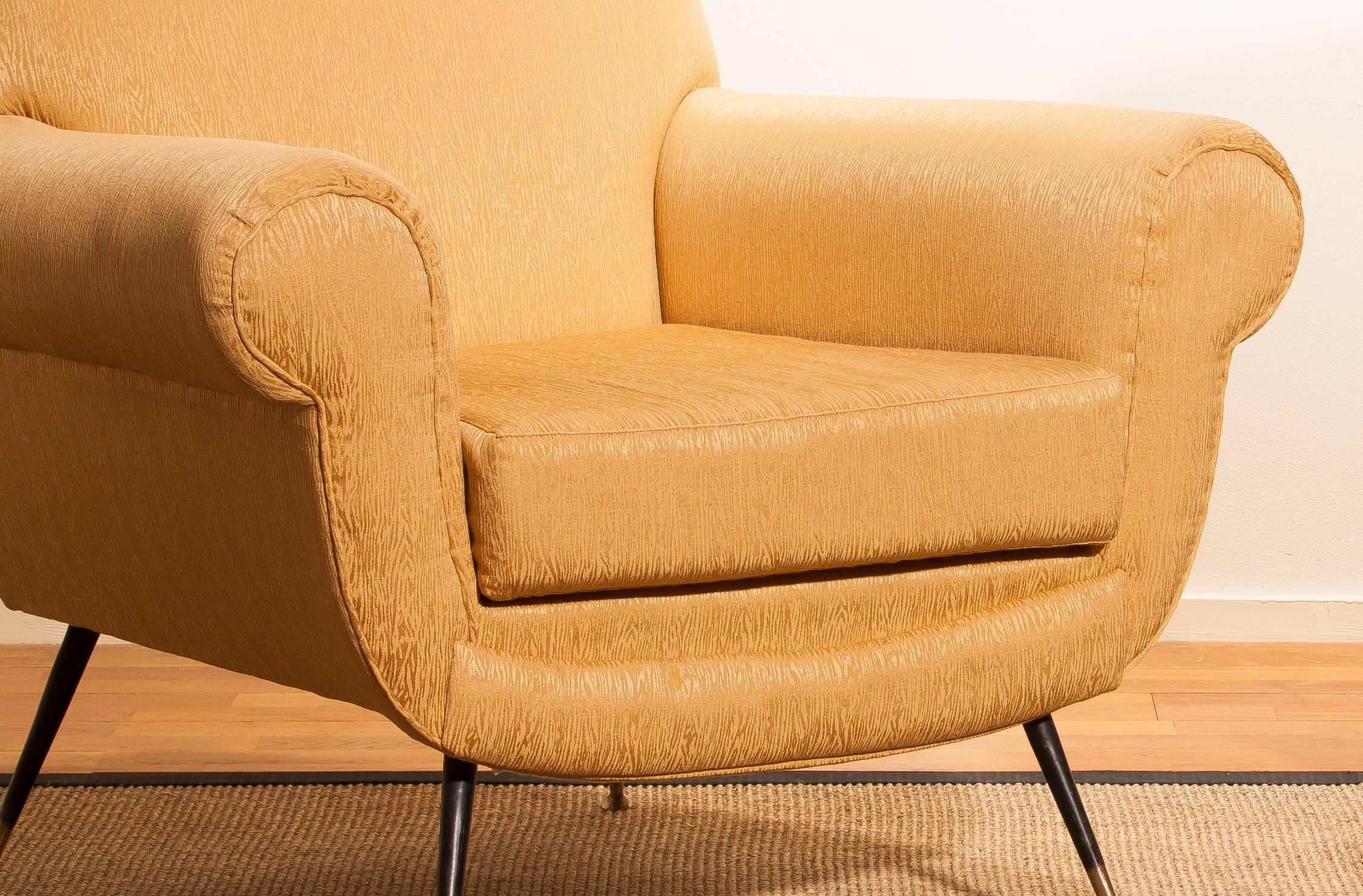 Golden Jacquard Upholstered Easy Chairs by Gigi Radice for Minotti, Brass Legs. 8